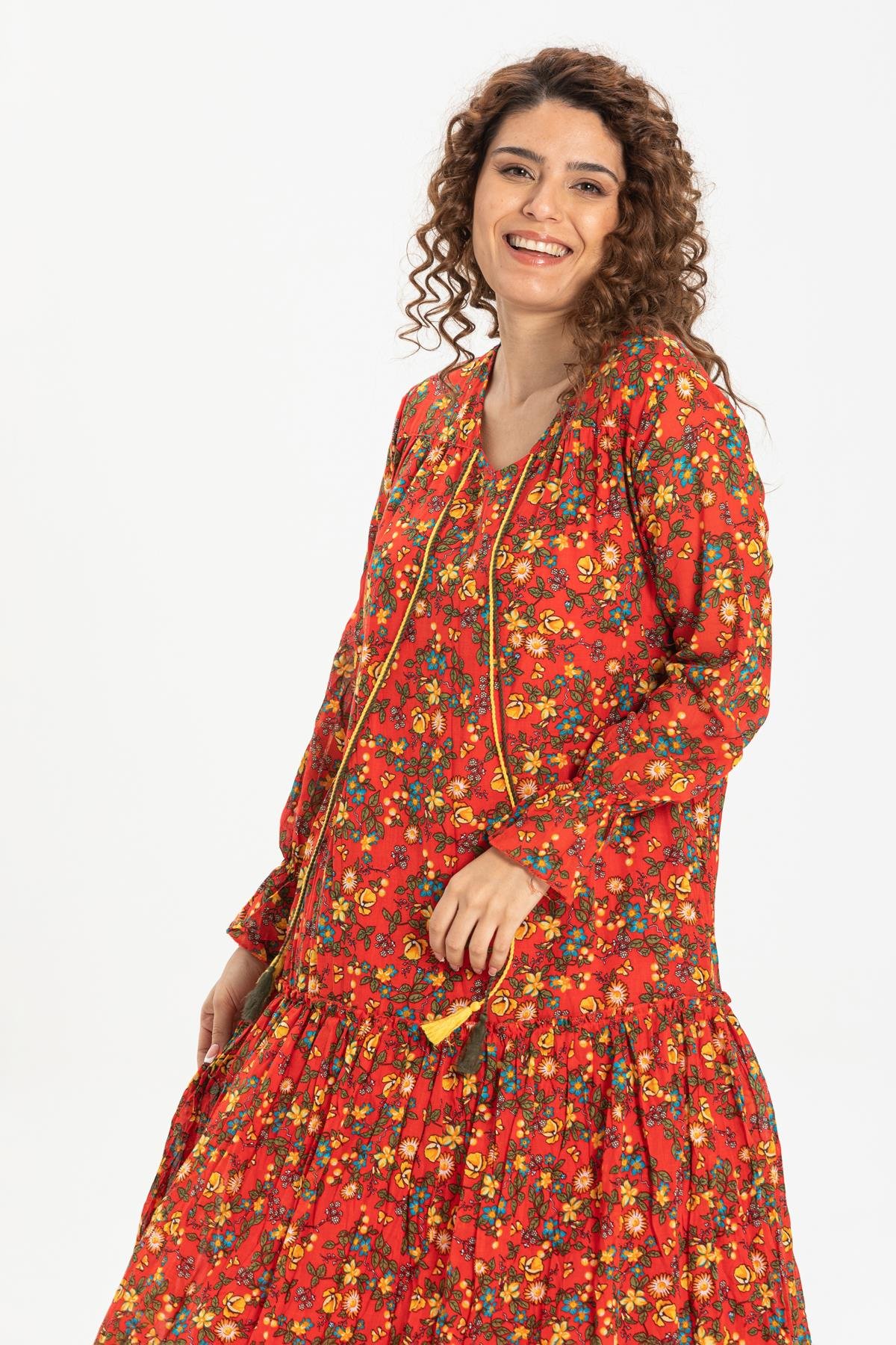 Uzun Kol Vual Gonca Uzun Elbise Tomurcuk Desen Turuncu 6168