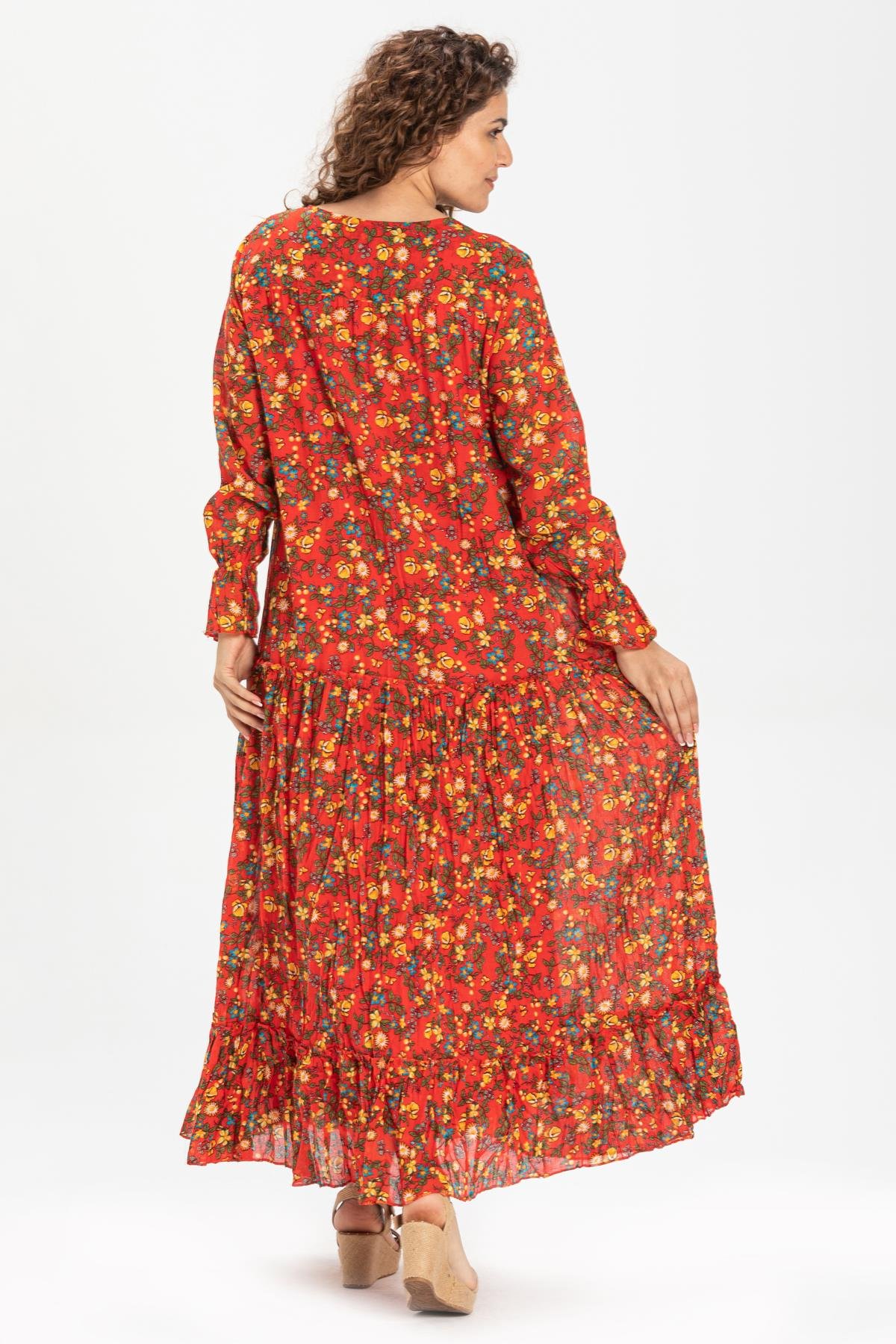 Uzun Kol Vual Gonca Uzun Elbise Tomurcuk Desen Turuncu 6168