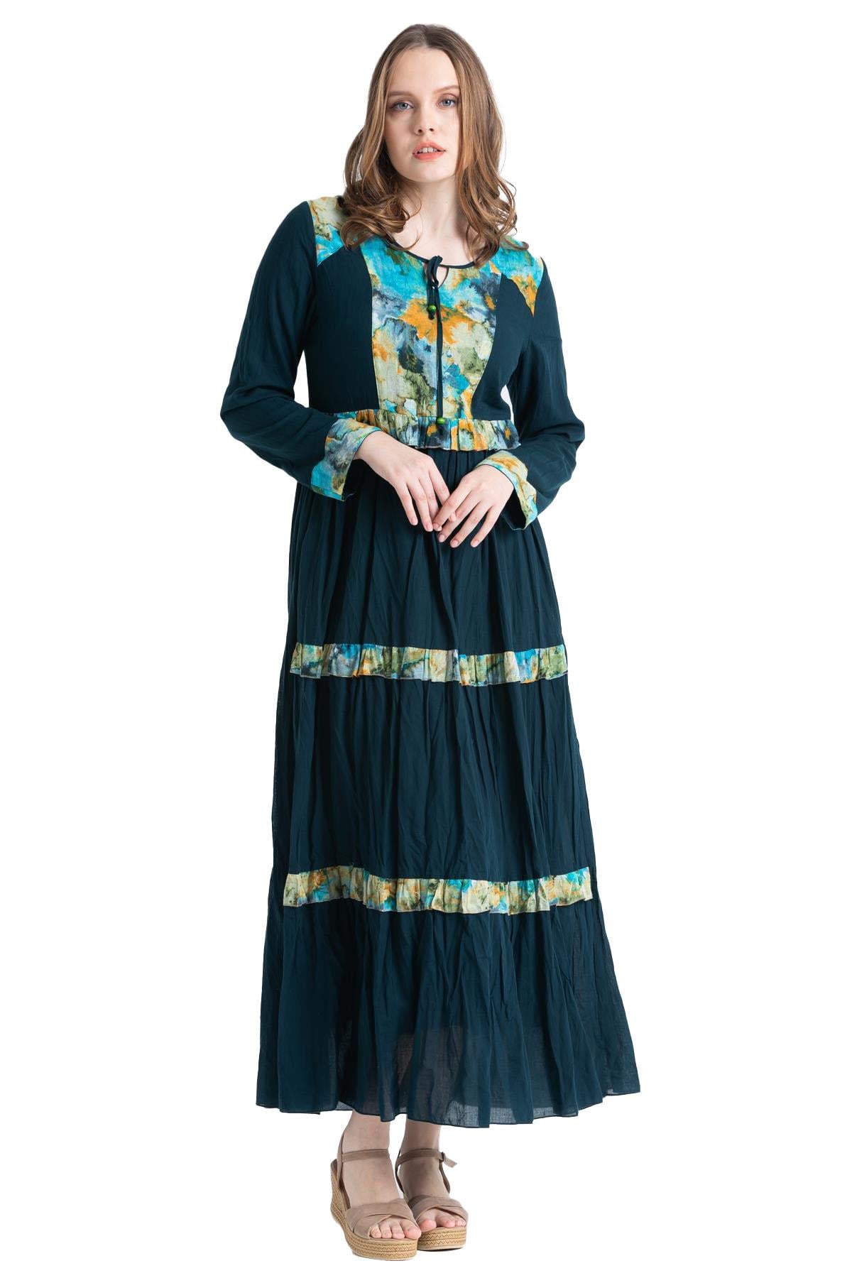 Long Sleeve Voile Sevim Long Dress Petrol
