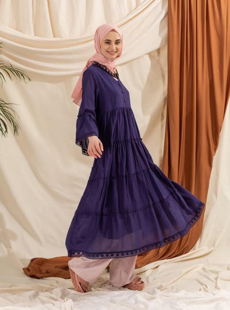 Uzun Kol Vual Şeyma Uzun Elbise Mor Mor