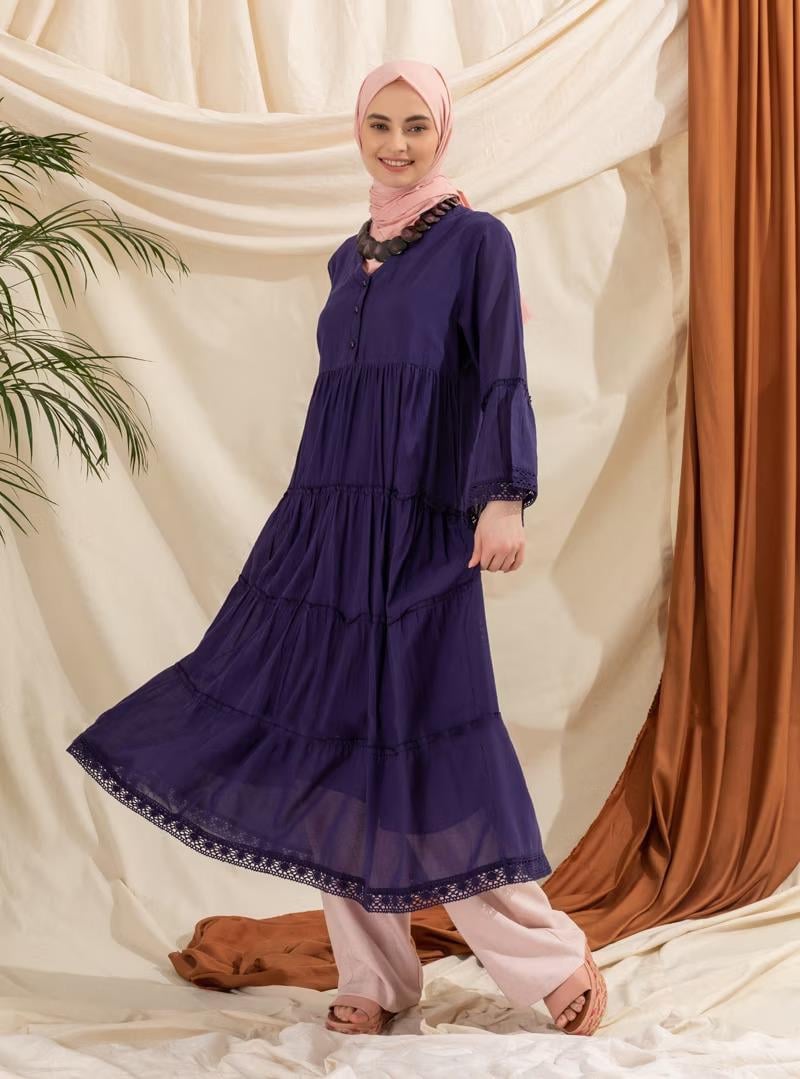 Uzun Kol Vual Şeyma Uzun Elbise Mor Mor