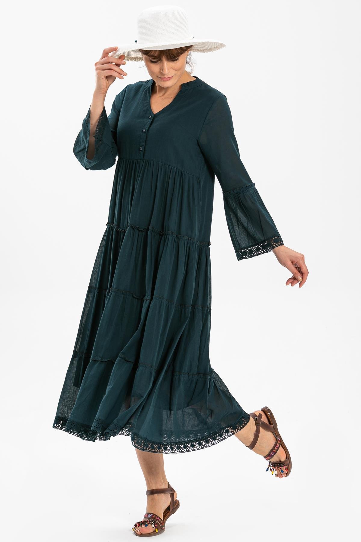 Long Sleeve Voile Şeyma Long Dress Petrol