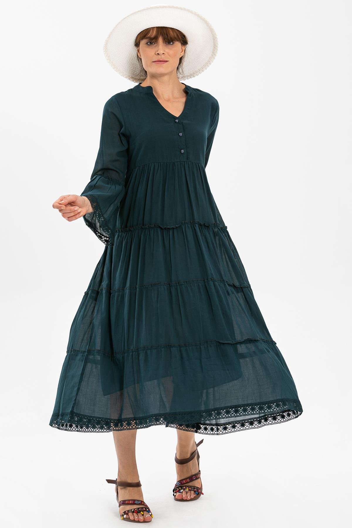 Long Sleeve Voile Şeyma Long Dress Petrol