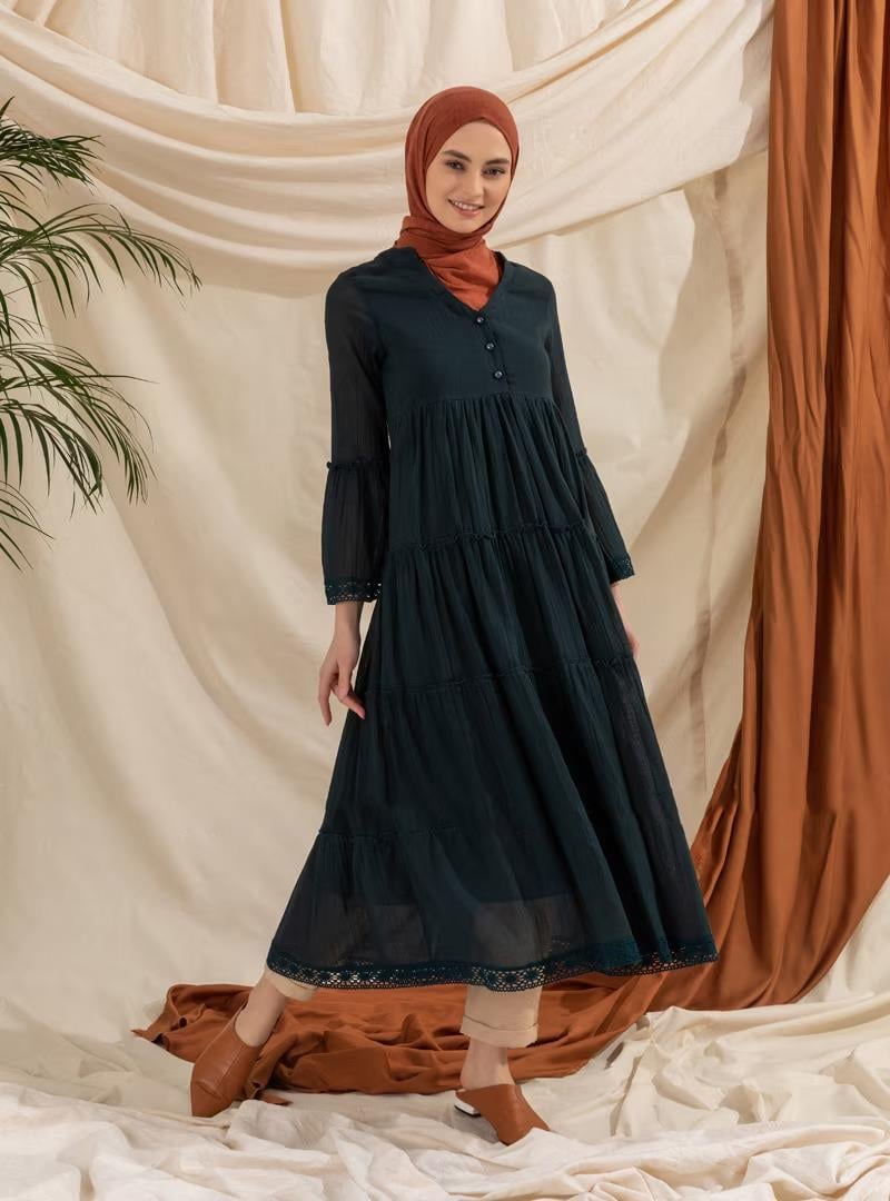 Long Sleeve Voile Şeyma Long Dress Petrol