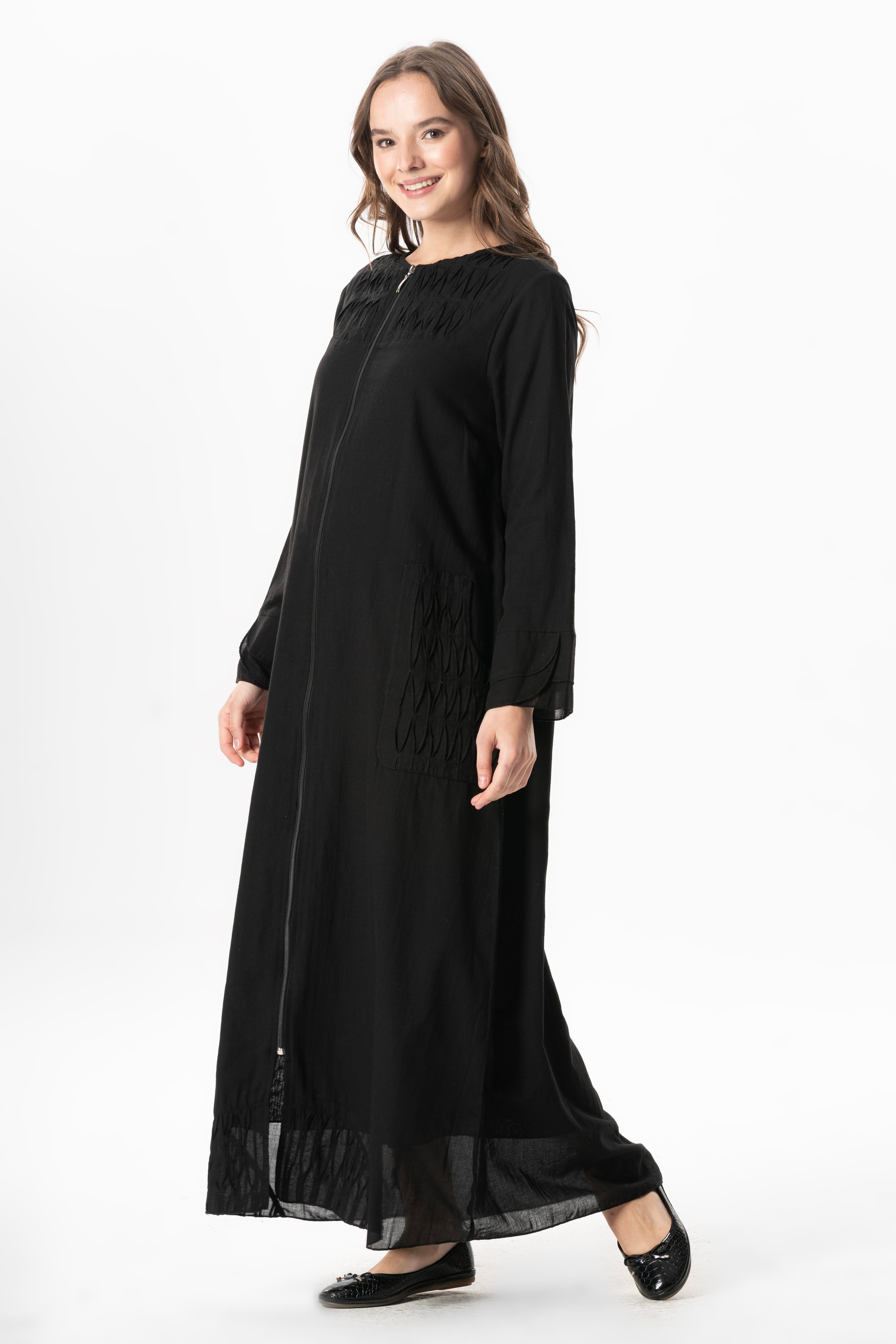 Uzun Kol Vual Tülay Nervürlü Yazlık Ferace Siyah Syh