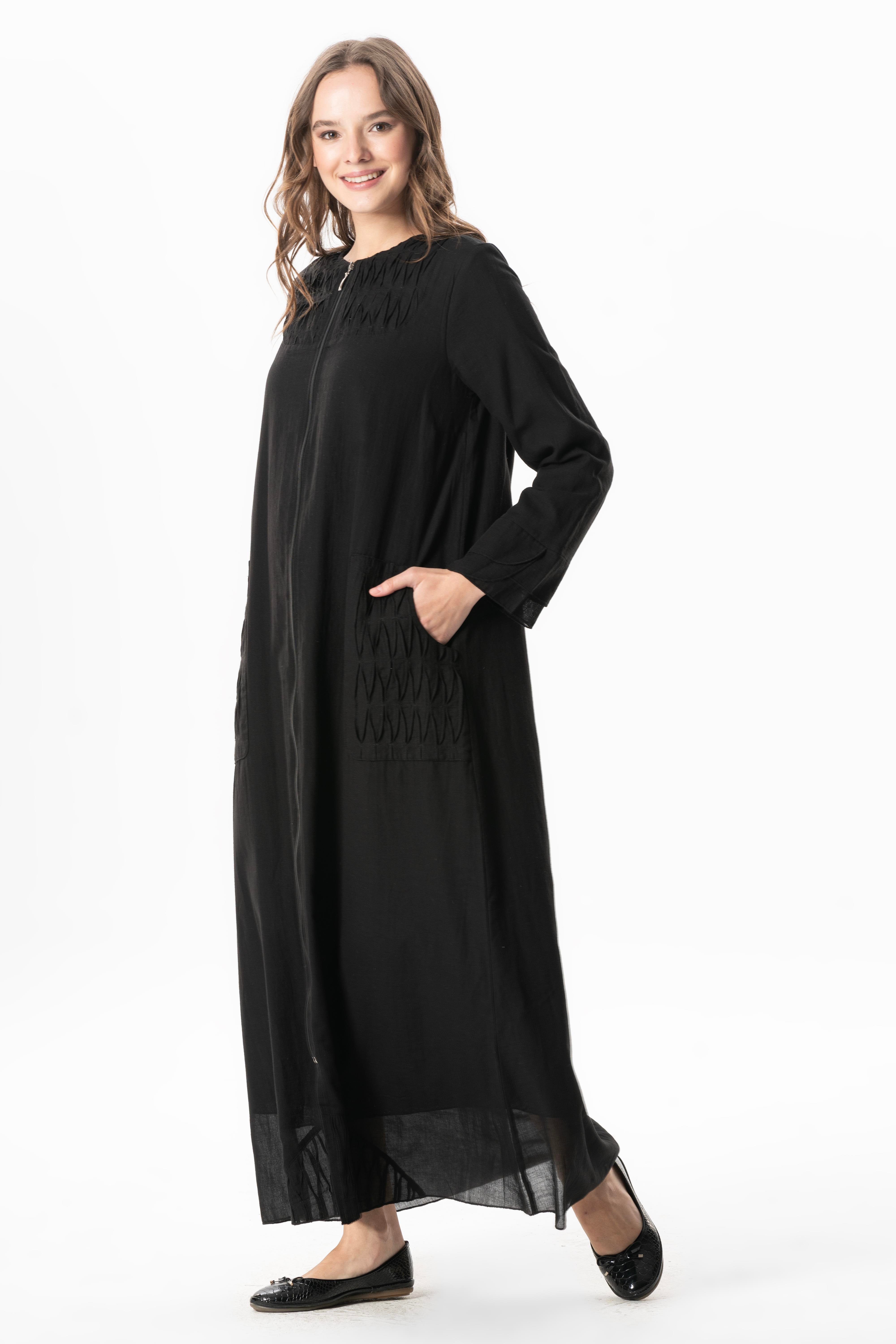 Uzun Kol Vual Tülay Nervürlü Yazlık Ferace Siyah Syh