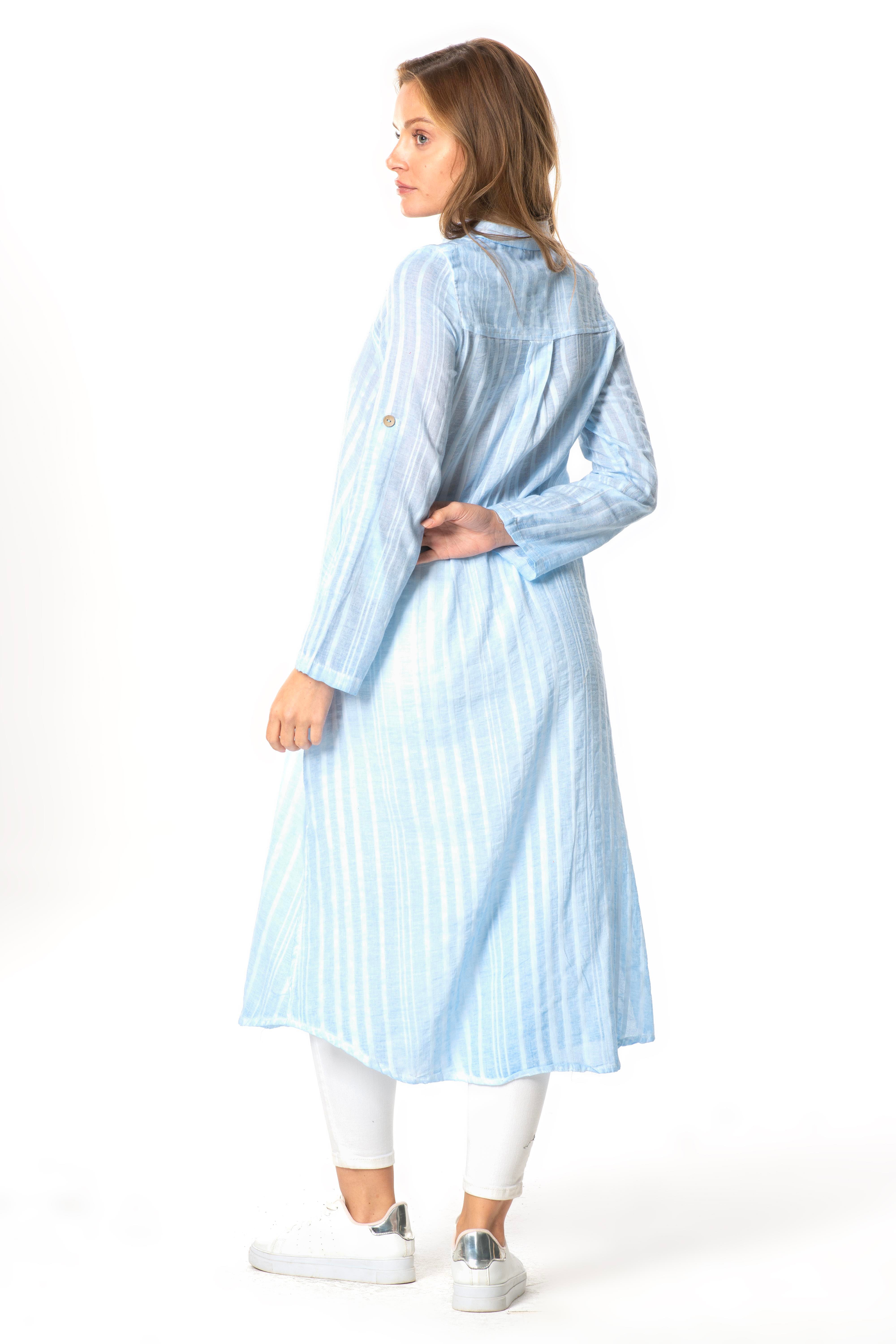 Uzun Kol Yakalı Gofre Mevsimlik ve Yazlık Tunik Buz Mavi 9012