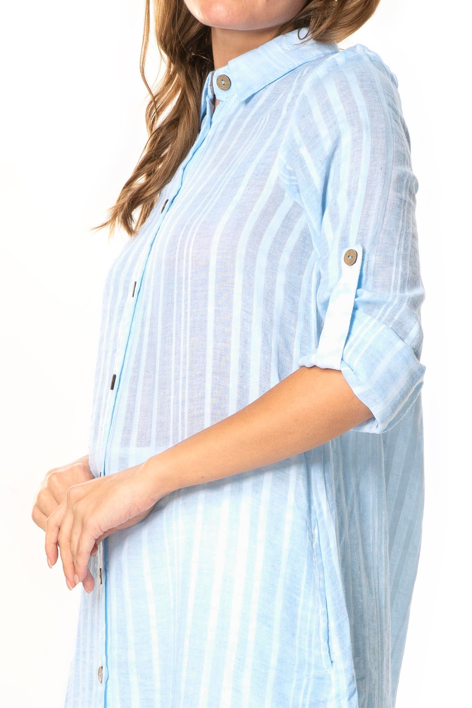 Uzun Kol Yakalı Gofre Mevsimlik ve Yazlık Tunik Buz Mavi 9012