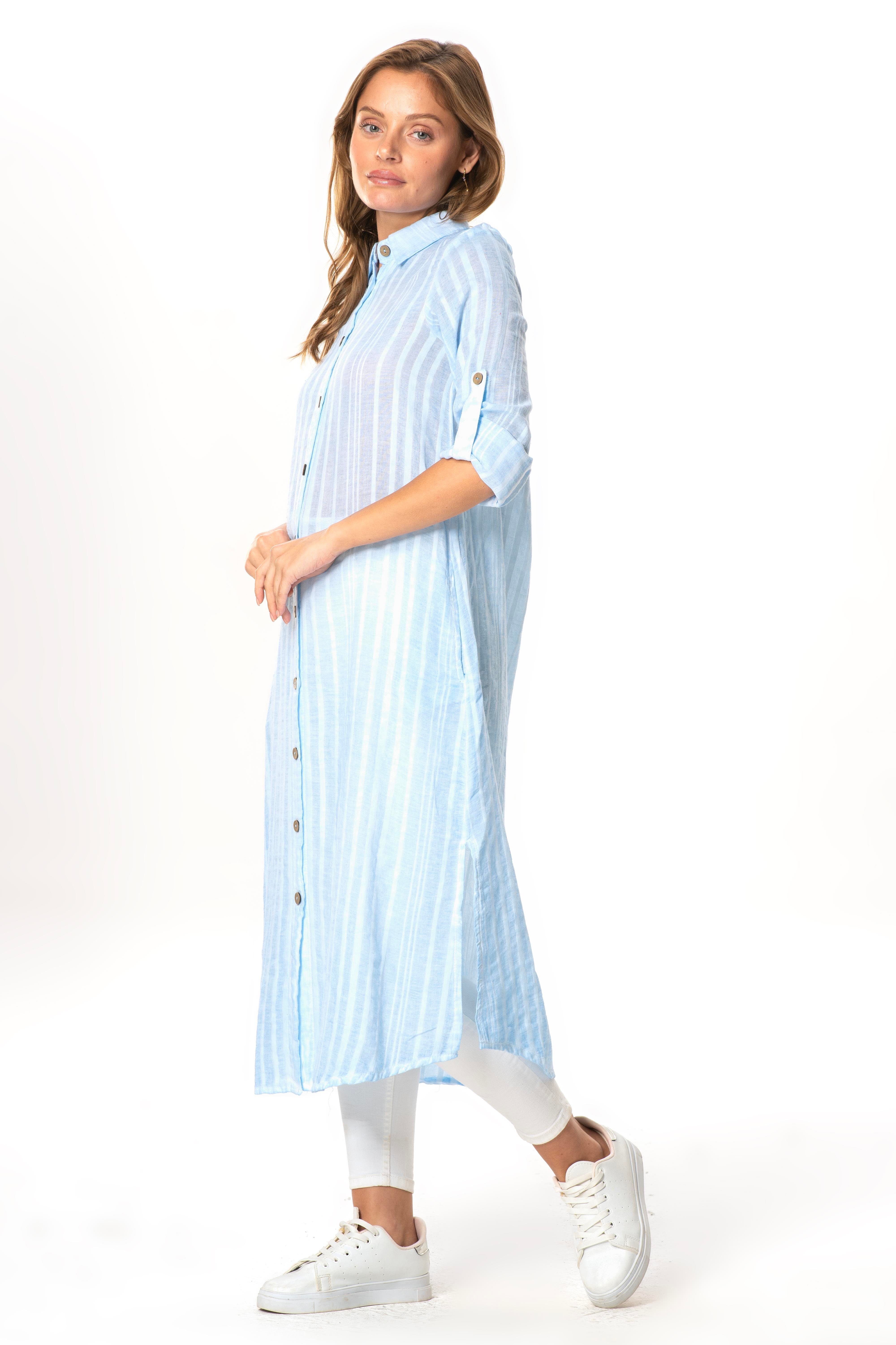 Uzun Kol Yakalı Gofre Mevsimlik ve Yazlık Tunik Buz Mavi 9012