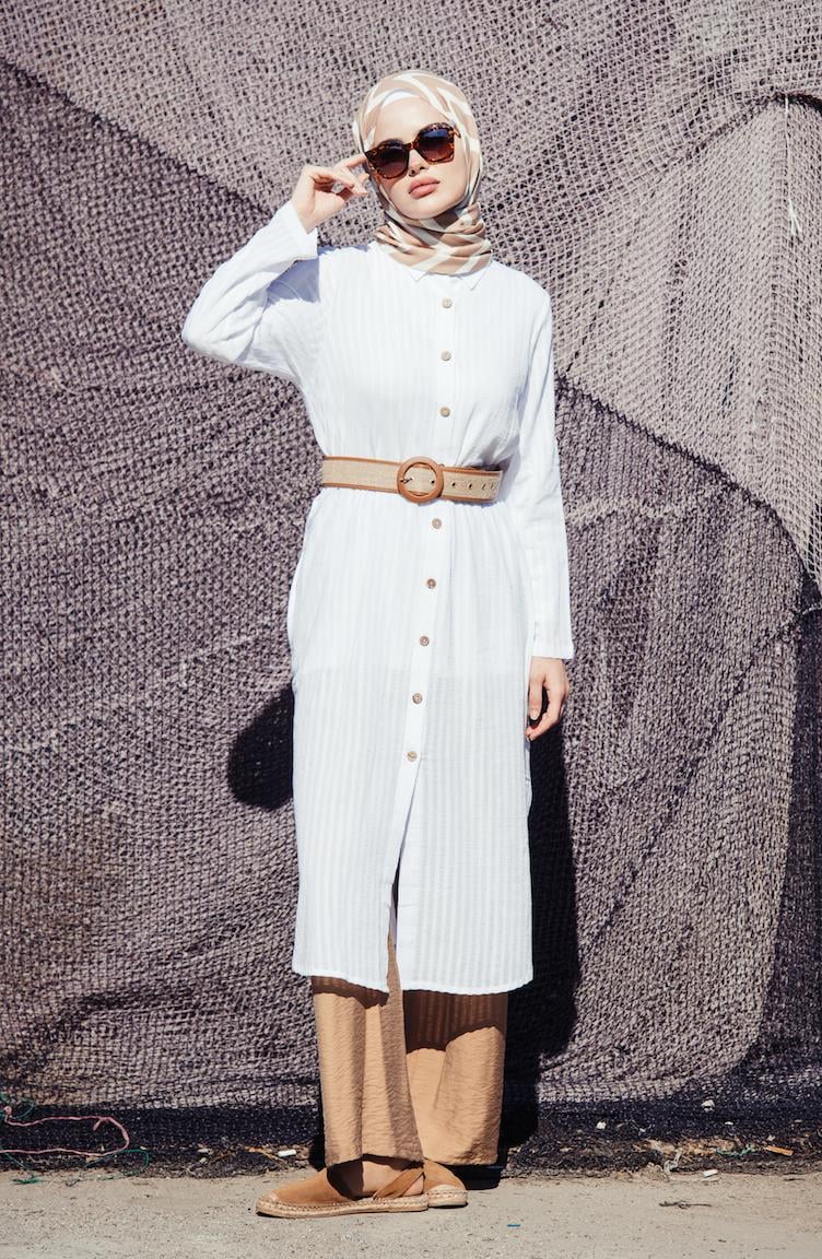 Uzun Kol Yakalı Gofre Tunik Beyaz Byz