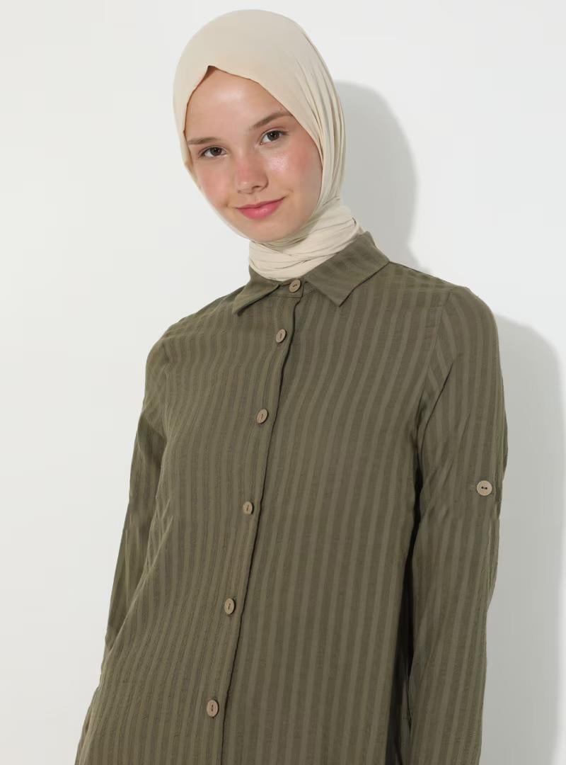 Uzun Kol Yakalı Gofre Tunik Haki 9008