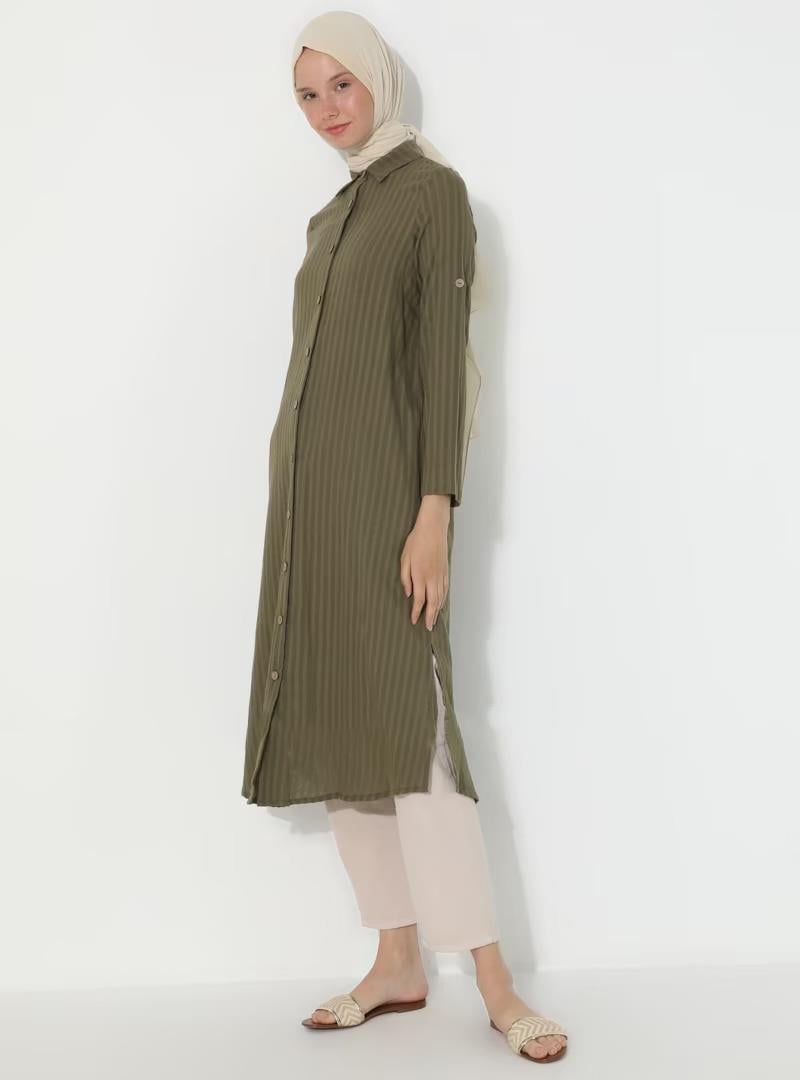 Uzun Kol Yakalı Gofre Tunik Haki 9008
