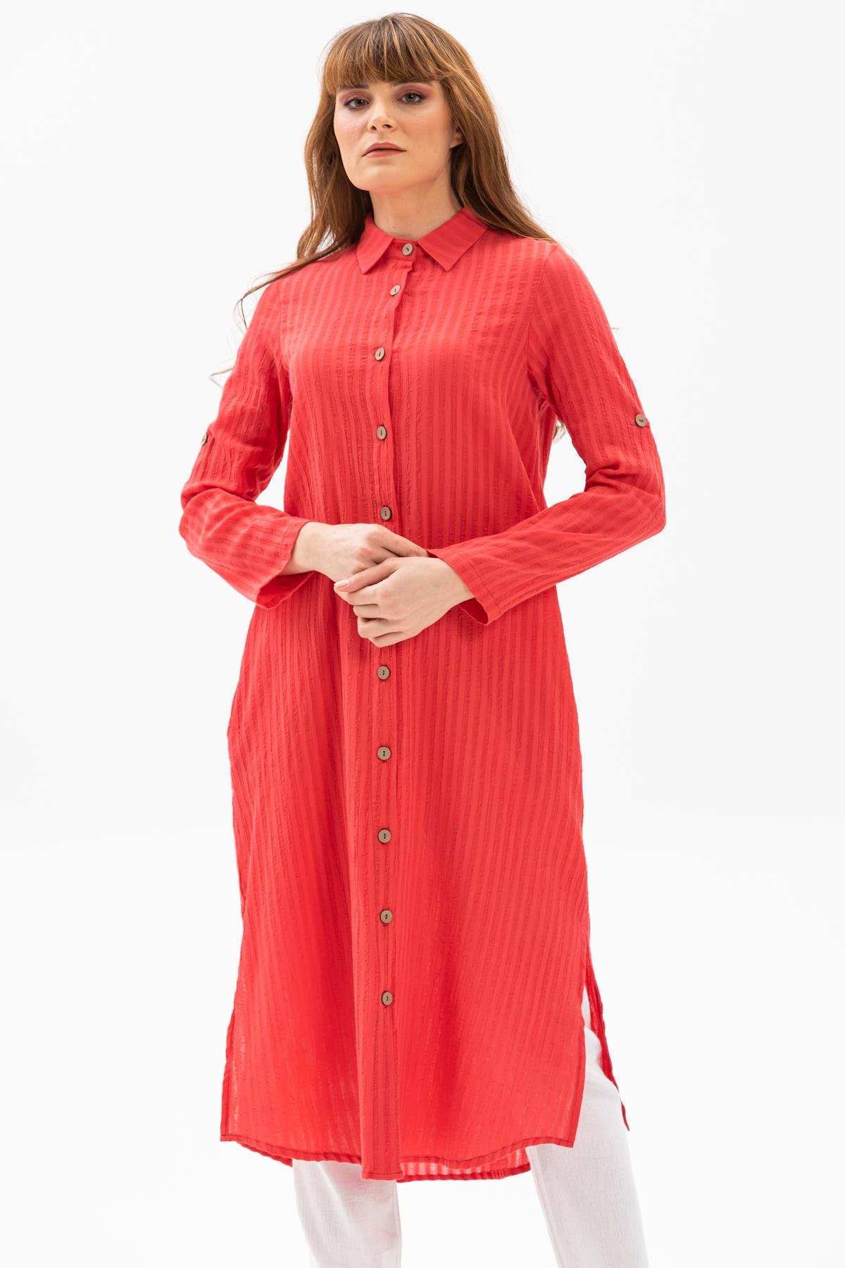 Uzun Kol Yakalı Gofre Tunik Mercan Mrcn