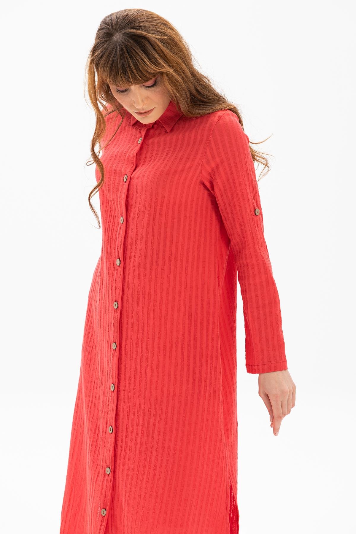 Uzun Kol Yakalı Gofre Tunik Mercan Mrcn