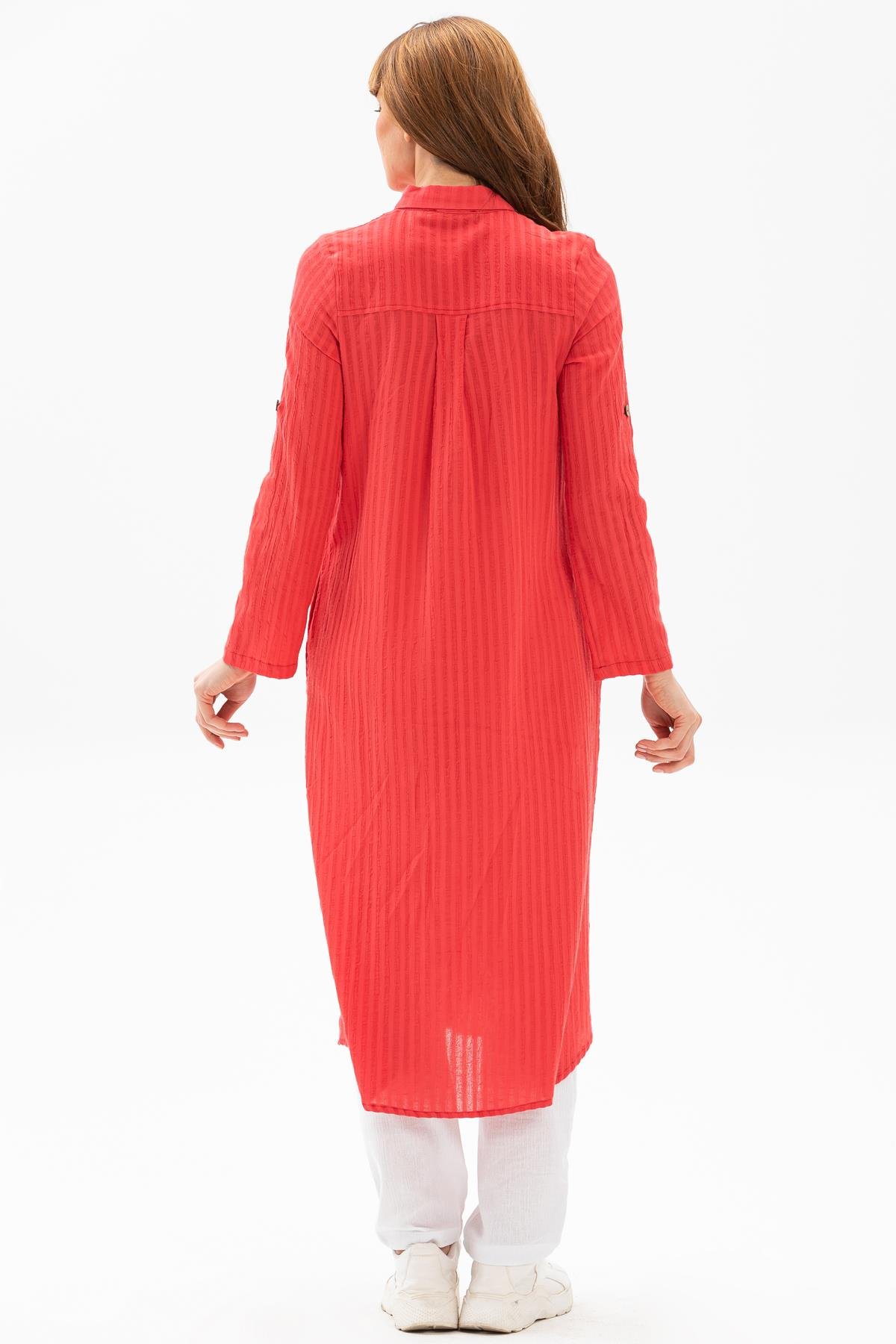 Uzun Kol Yakalı Gofre Tunik Mercan Mrcn