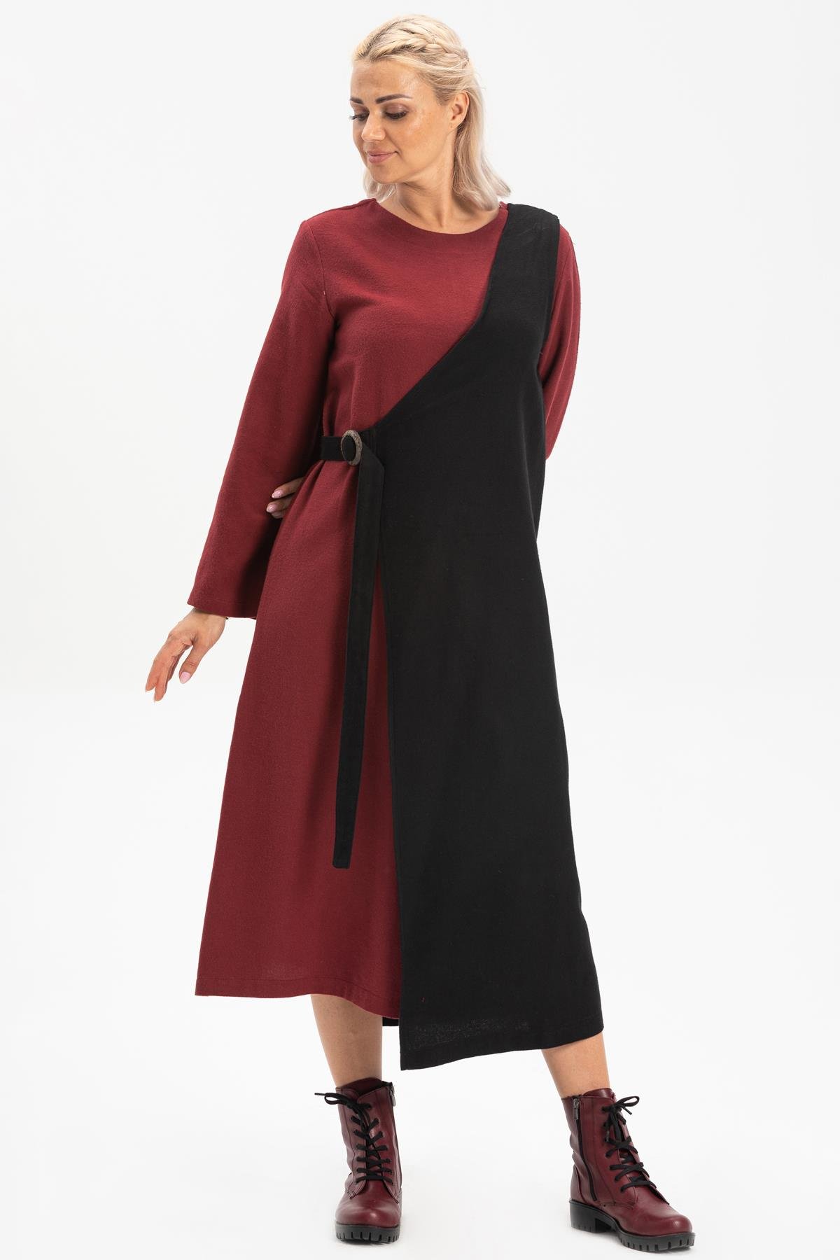 Long Sleeve Flannel Vest Esin Midi Length Dress Claret Red