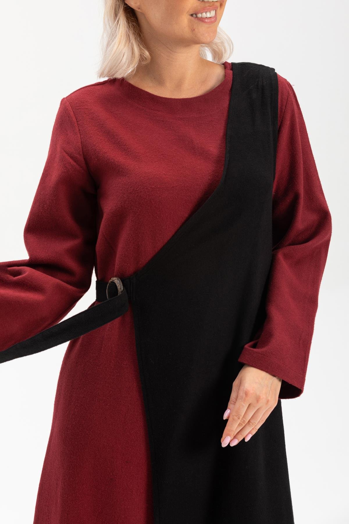 Long Sleeve Flannel Vest Esin Midi Length Dress Claret Red