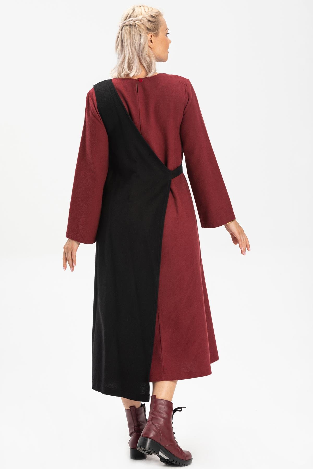 Long Sleeve Flannel Vest Esin Midi Length Dress Claret Red