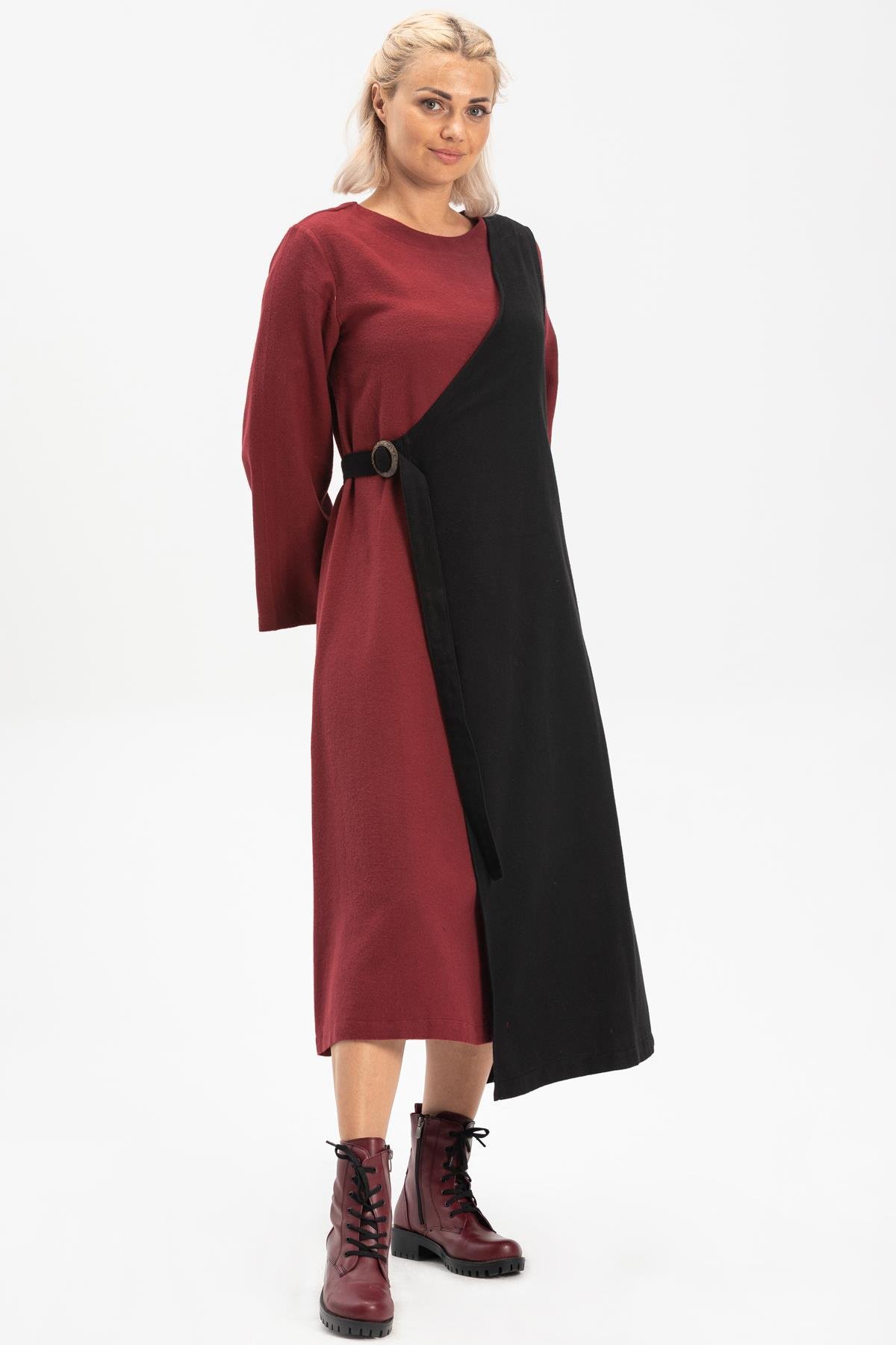 Long Sleeve Flannel Vest Esin Midi Length Dress Claret Red