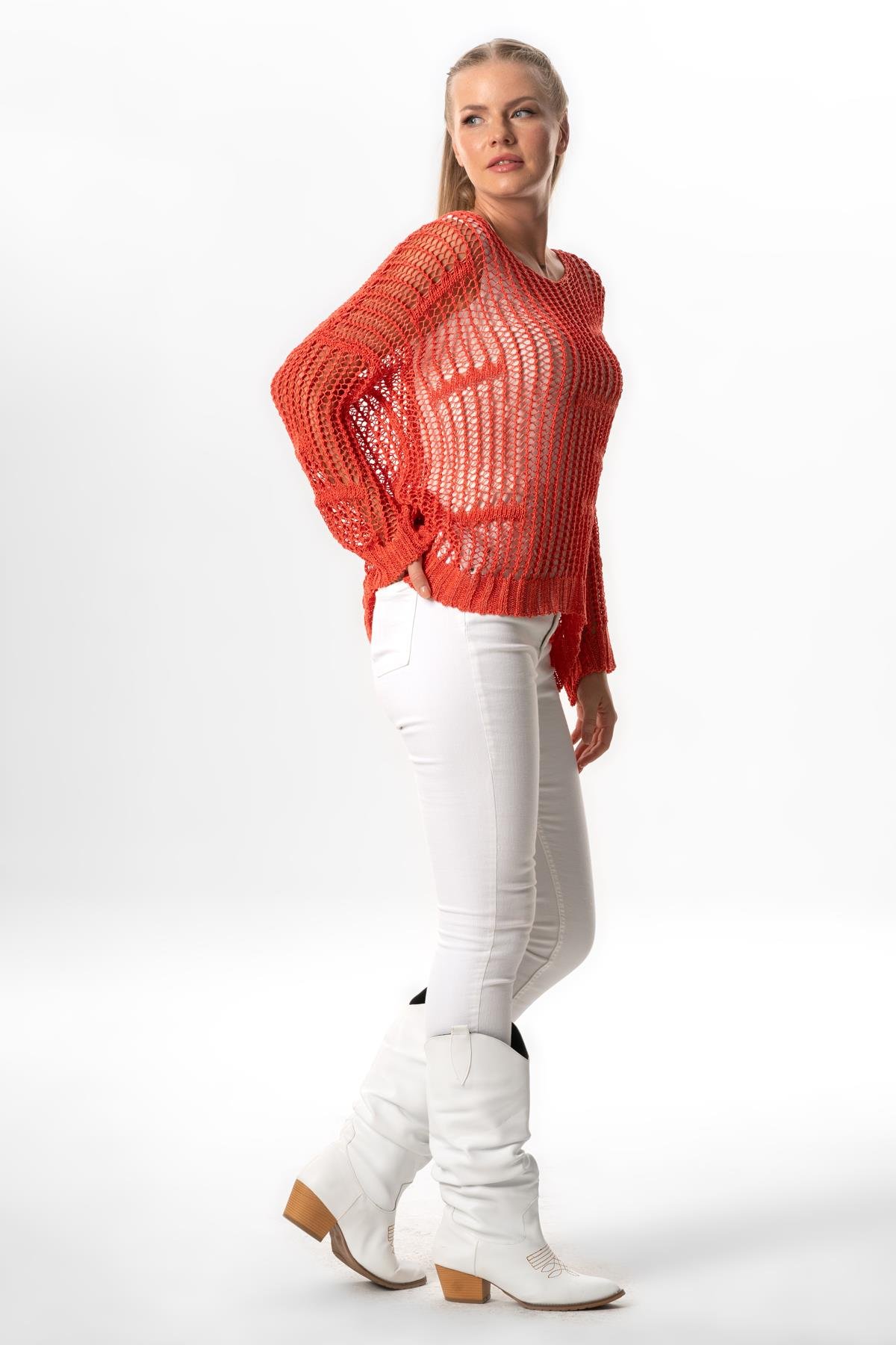 Uzun Kol Zübeyde Sonbahar ve Kışlık Ajurlu Triko Bluz Mercan Mrcn