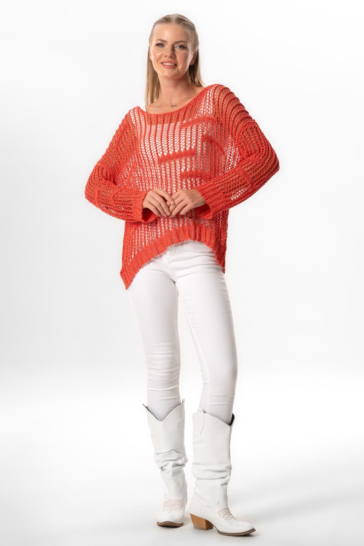 Uzun Kol Zübeyde Sonbahar ve Kışlık Ajurlu Triko Bluz Mercan Mrcn