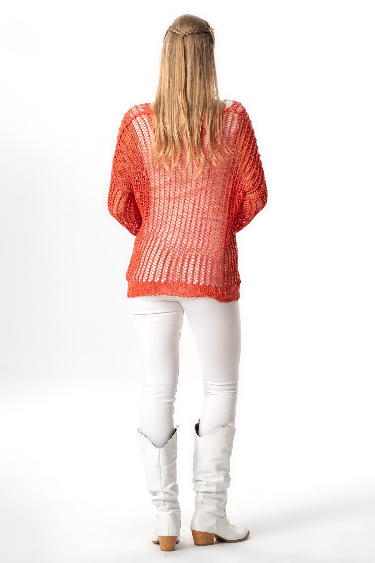 Uzun Kol Zübeyde Sonbahar ve Kışlık Ajurlu Triko Bluz Mercan Mrcn