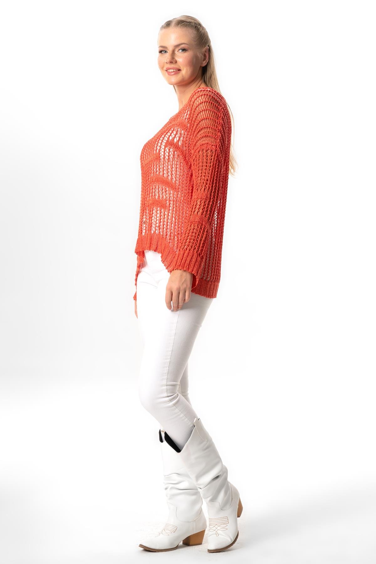 Uzun Kol Zübeyde Sonbahar ve Kışlık Ajurlu Triko Bluz Mercan Mrcn