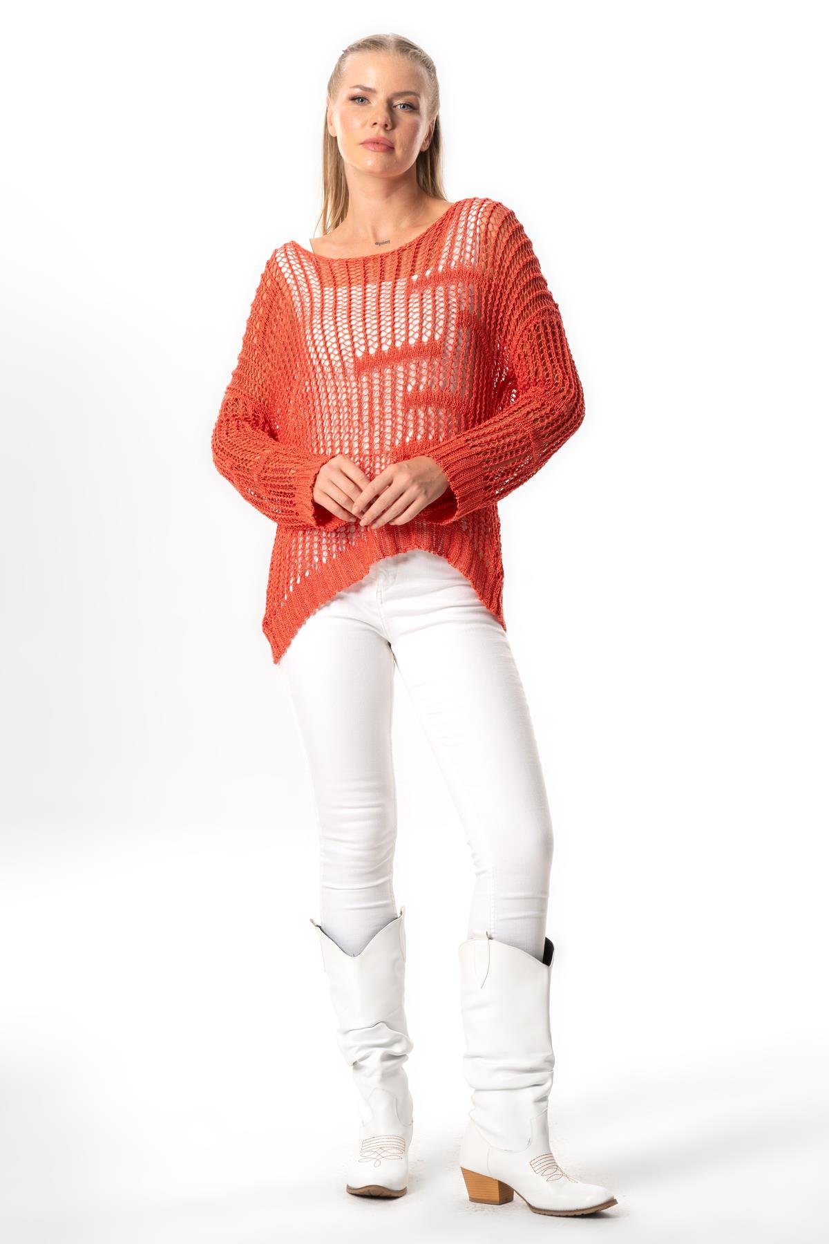 Uzun Kol Zübeyde Sonbahar ve Kışlık Ajurlu Triko Bluz Mercan Mrcn