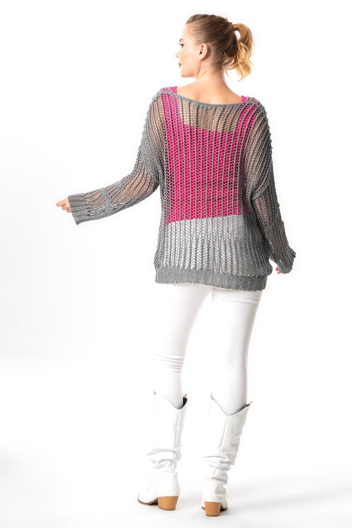 Uzun Kol Zübeyde Sonbahar ve Kışlık Ajurlu Triko Bluz Metalik Gri Metalikgri