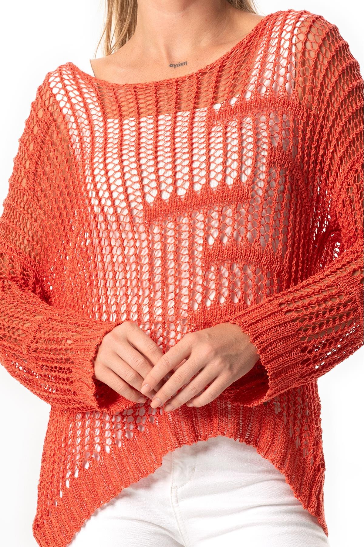 Uzun Kol Zübeyde Sonbahar ve Kışlık Ajurlu Triko Bluz Mercan Mrcn