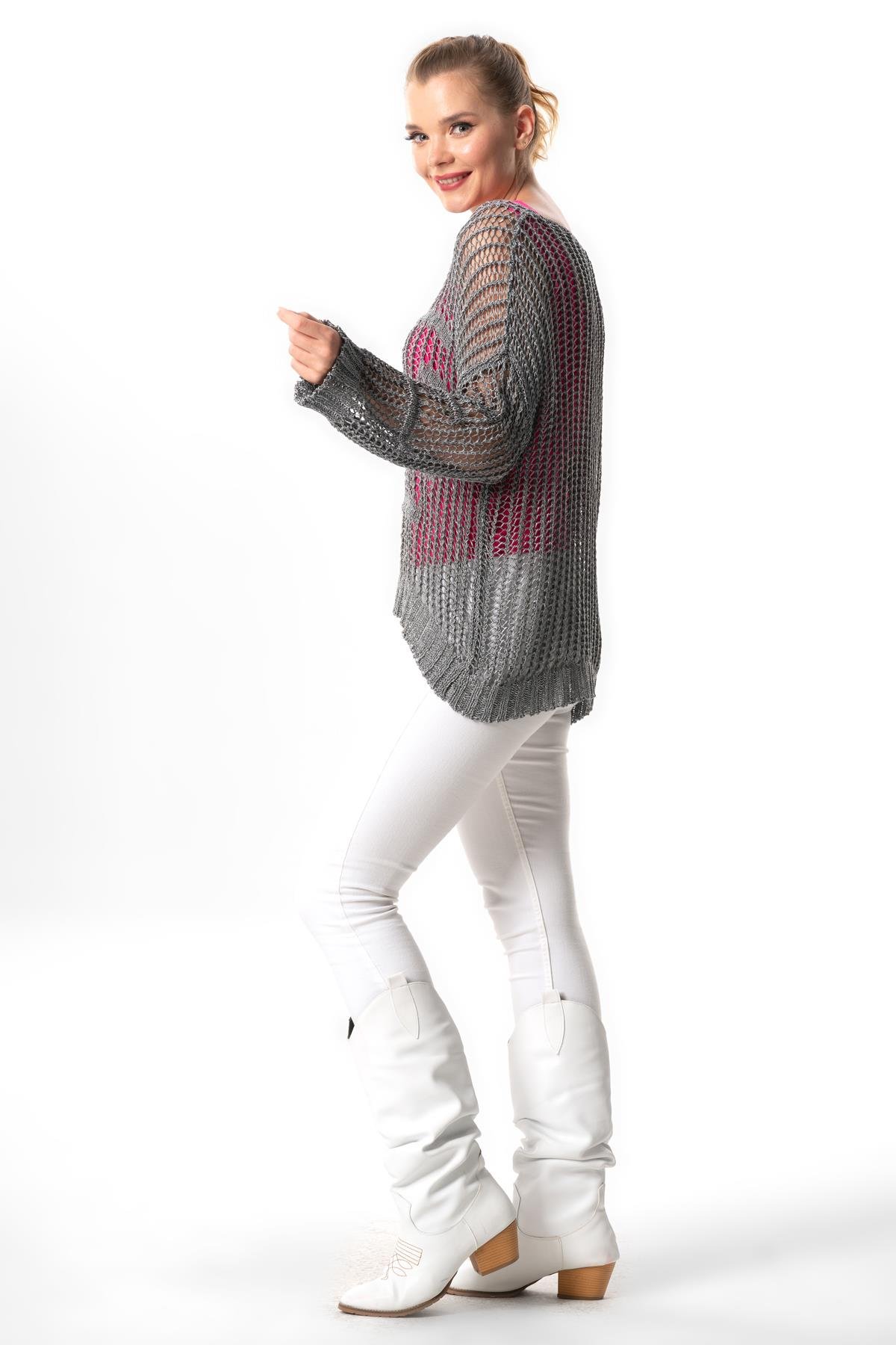 Uzun Kol Zübeyde Sonbahar ve Kışlık Ajurlu Triko Bluz Metalik Gri Metalikgri