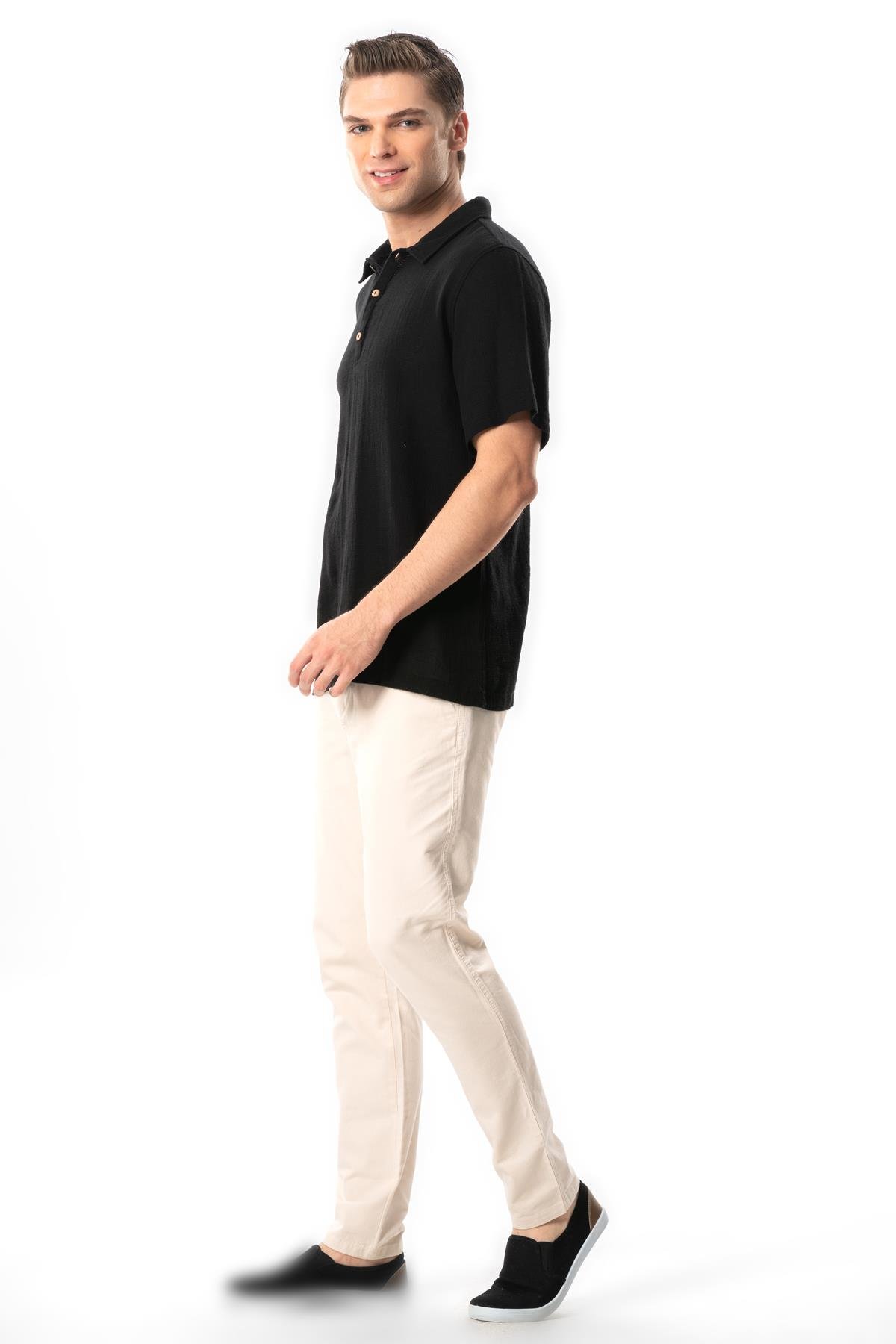 Violet Kısa Kol Foça Düğmeli Erkek Yazlık Tshirt Siyah Syh