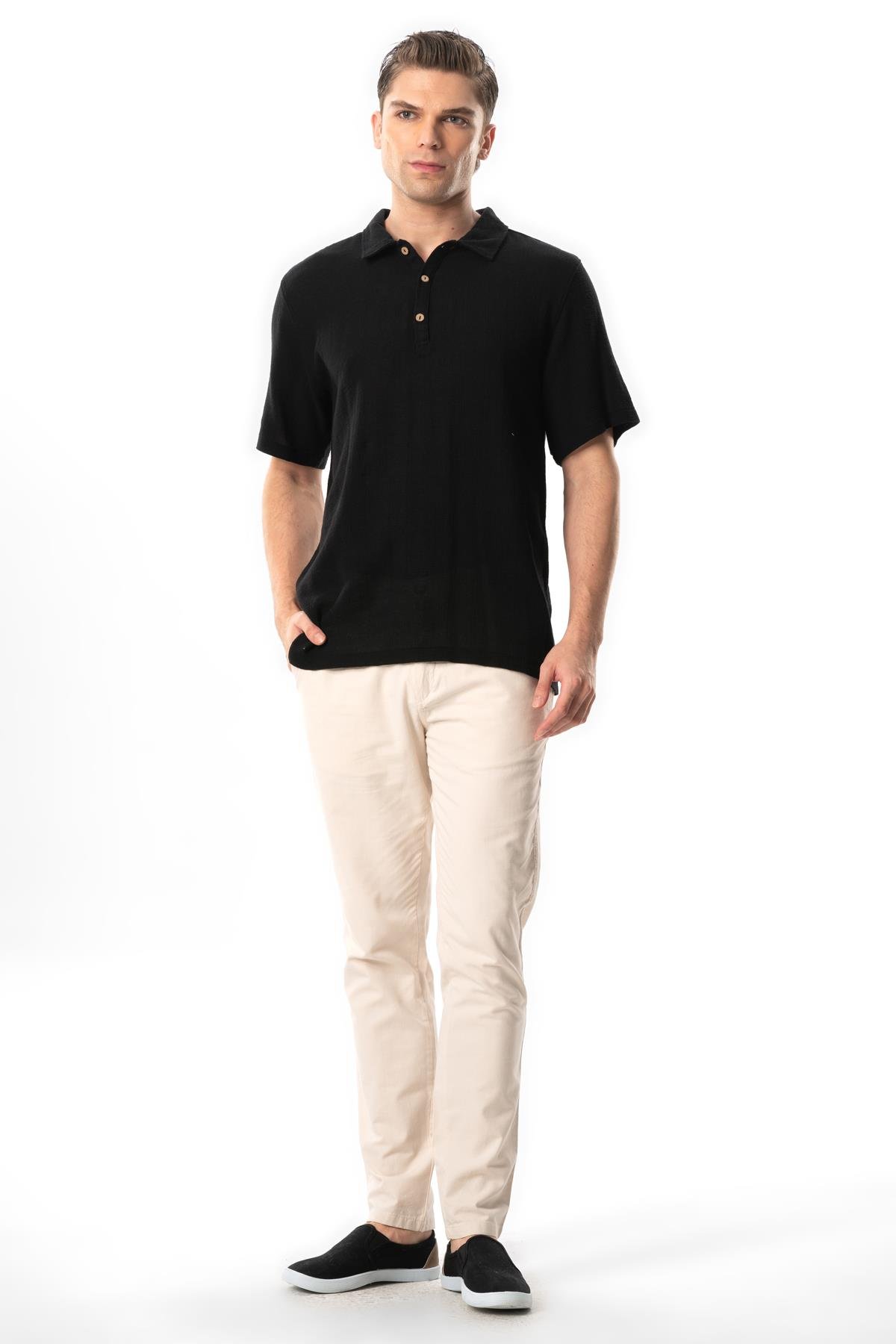 Violet Kısa Kol Foça Düğmeli Erkek Yazlık Tshirt Siyah Syh