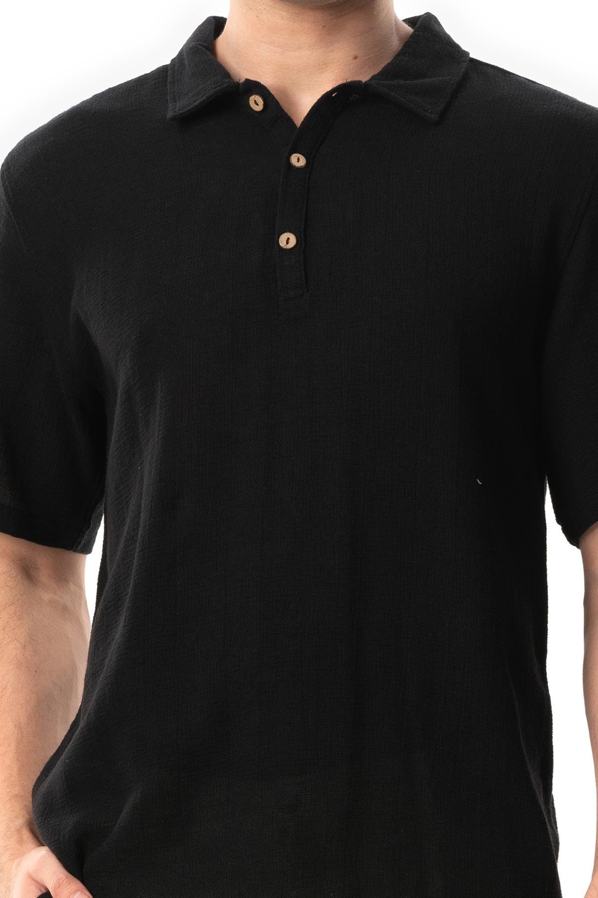 Violet Kısa Kol Foça Düğmeli Erkek Yazlık Tshirt Siyah Syh