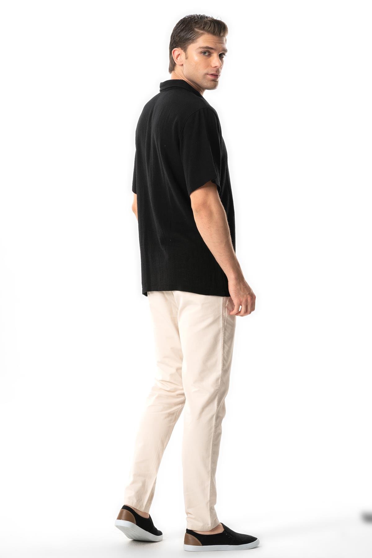 Violet Kısa Kol Foça Düğmeli Erkek Yazlık Tshirt Siyah Syh