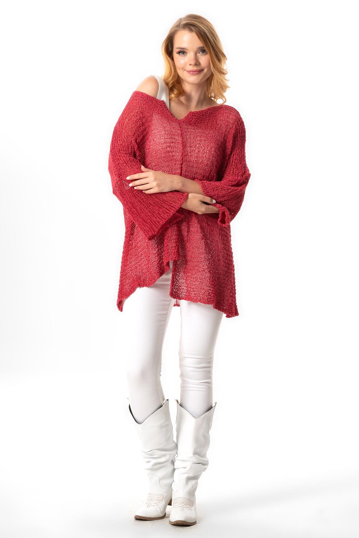 Yarasa Kol Elmas Kayık Yaka Sonbahar ve Kışlık  Asimetrik Triko Bluz Fuşya Fsy