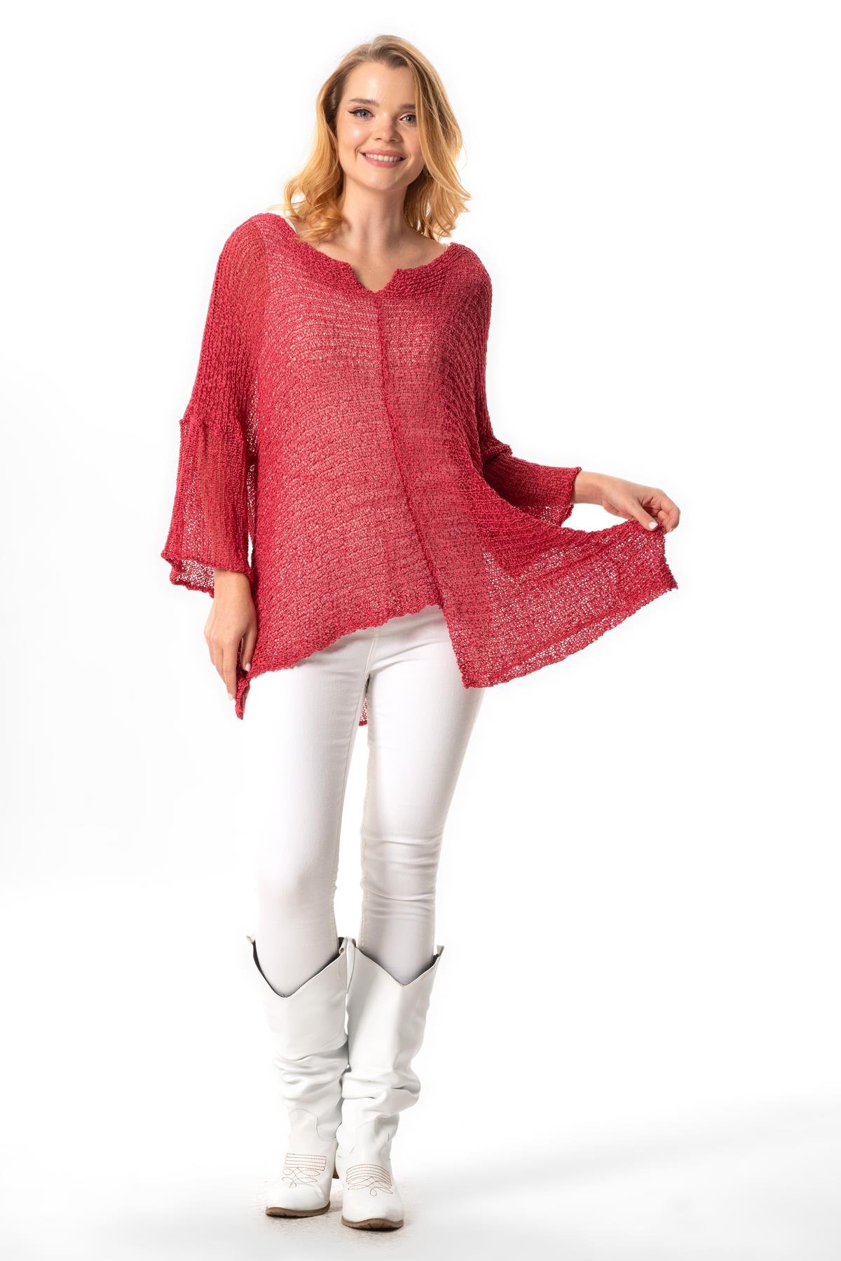 Yarasa Kol Elmas Kayık Yaka Sonbahar ve Kışlık  Asimetrik Triko Bluz Fuşya Fsy