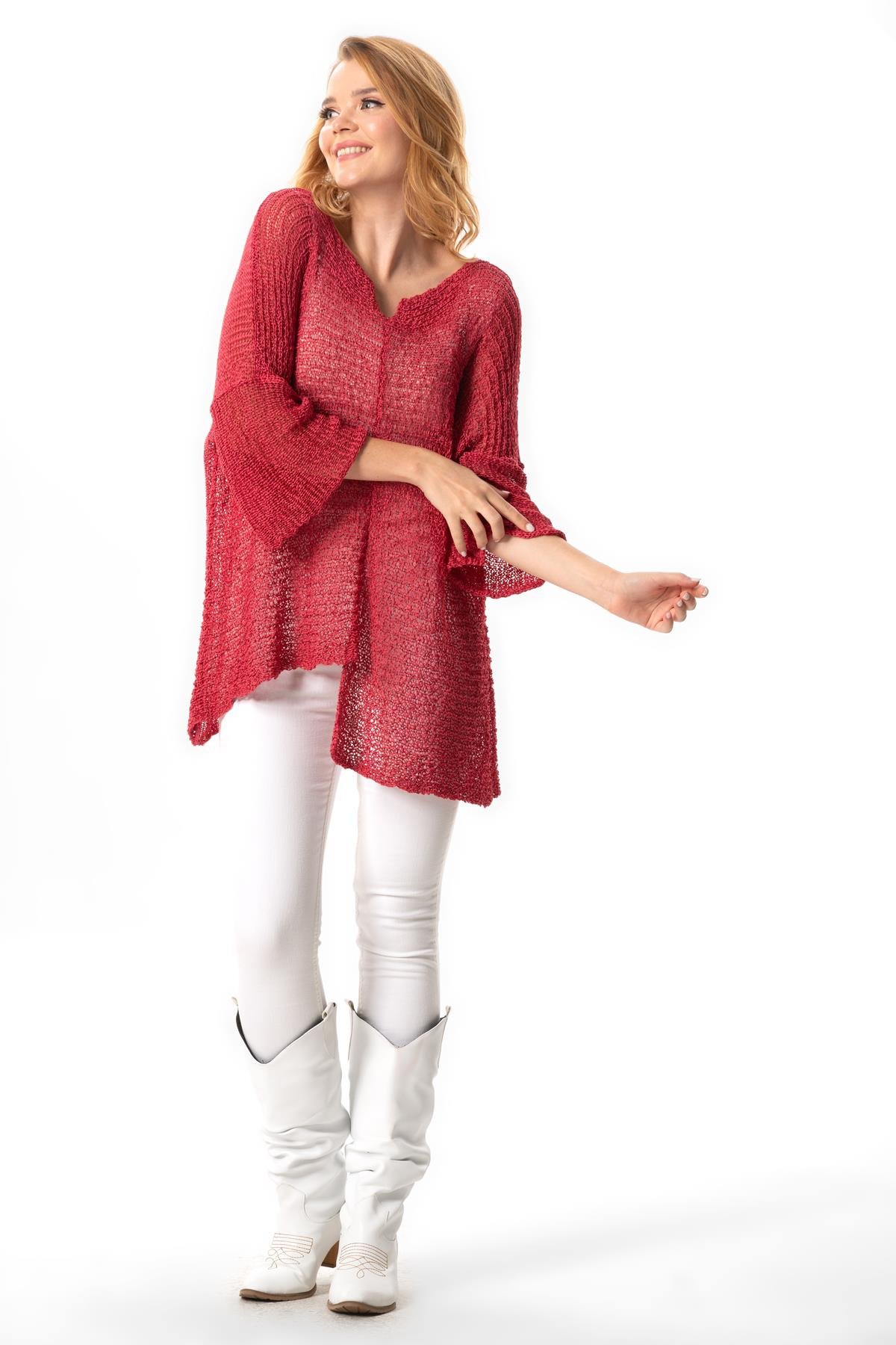 Yarasa Kol Elmas Kayık Yaka Sonbahar ve Kışlık  Asimetrik Triko Bluz Fuşya Fsy