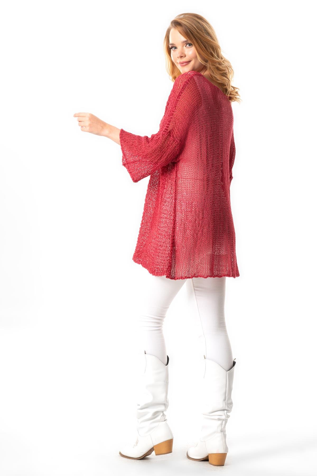 Yarasa Kol Elmas Kayık Yaka Sonbahar ve Kışlık  Asimetrik Triko Bluz Fuşya Fsy