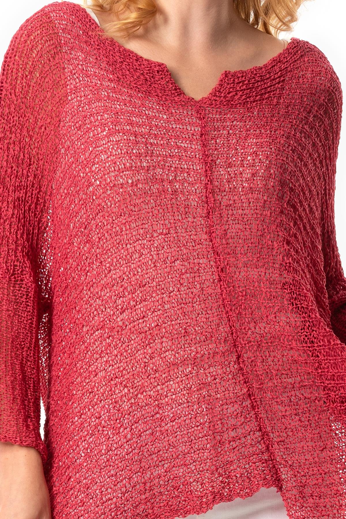 Yarasa Kol Elmas Kayık Yaka Sonbahar ve Kışlık  Asimetrik Triko Bluz Fuşya Fsy