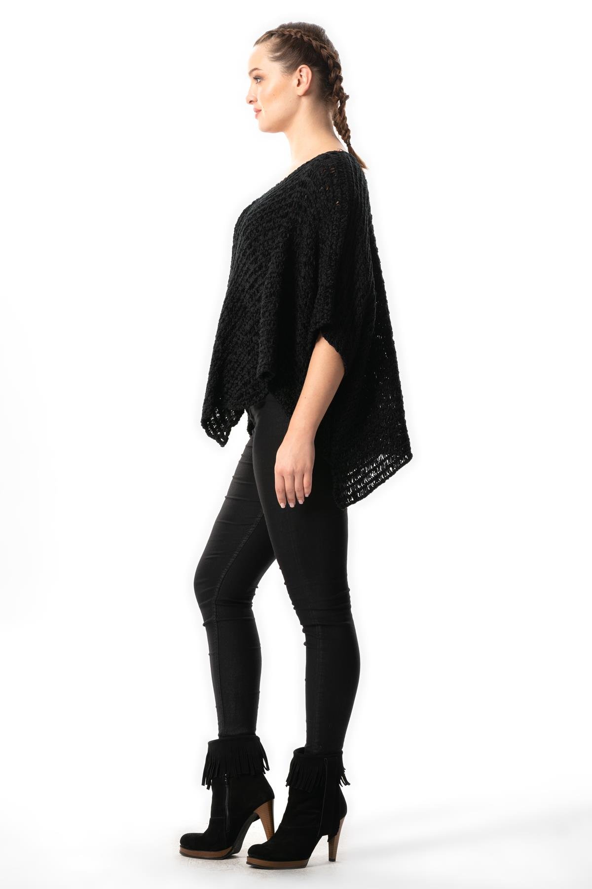 Yarasa Kol Sanem V Yaka Sonbahar ve Kışlık Salaş Triko Bluz Siyah Syh