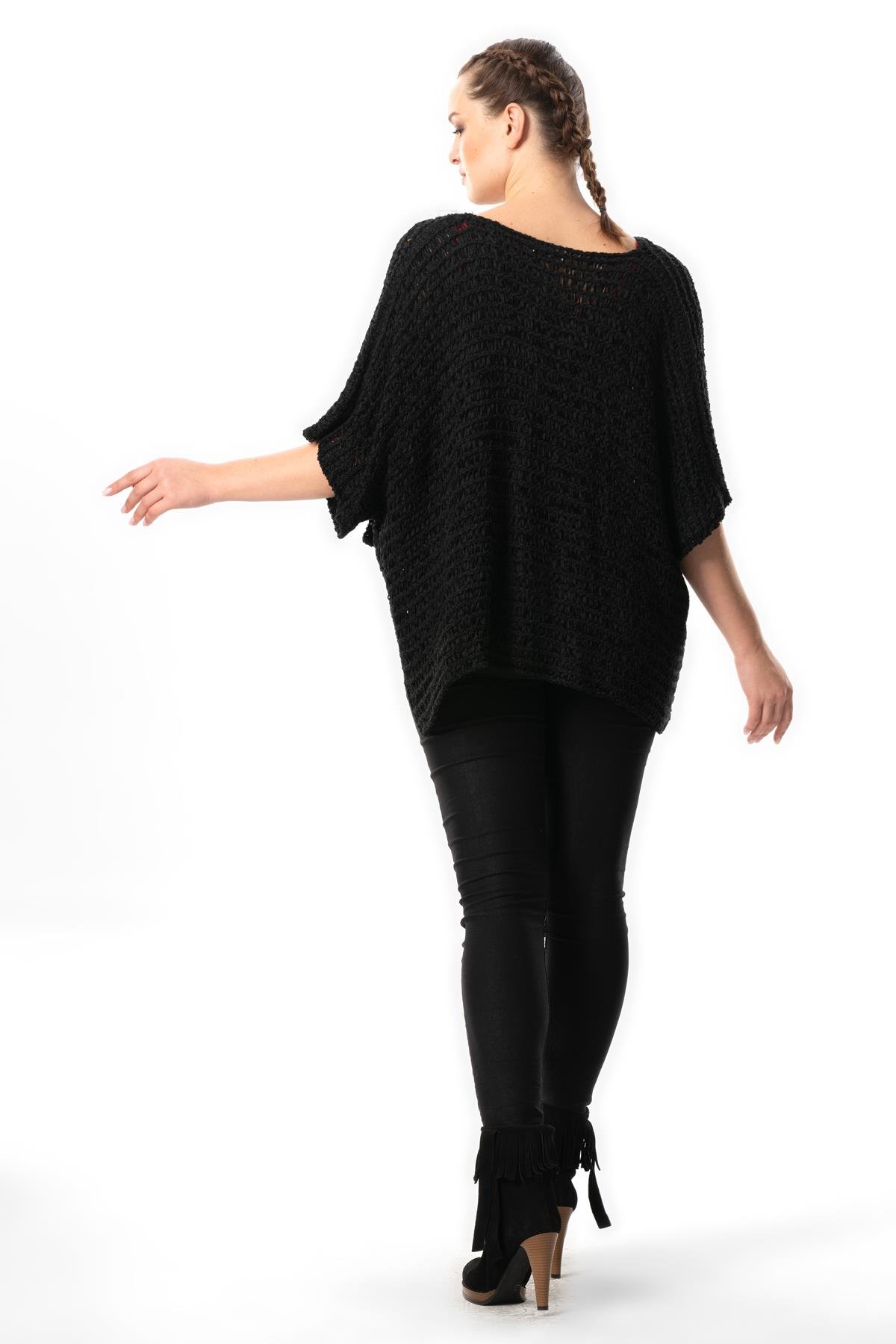 Yarasa Kol Sanem V Yaka Sonbahar ve Kışlık Salaş Triko Bluz Siyah Syh