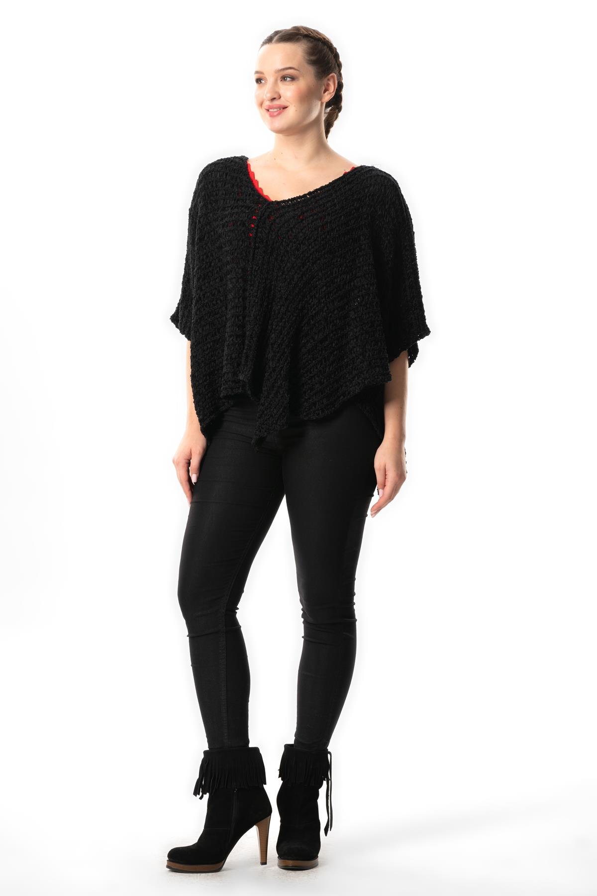 Yarasa Kol Sanem V Yaka Sonbahar ve Kışlık Salaş Triko Bluz Siyah Syh