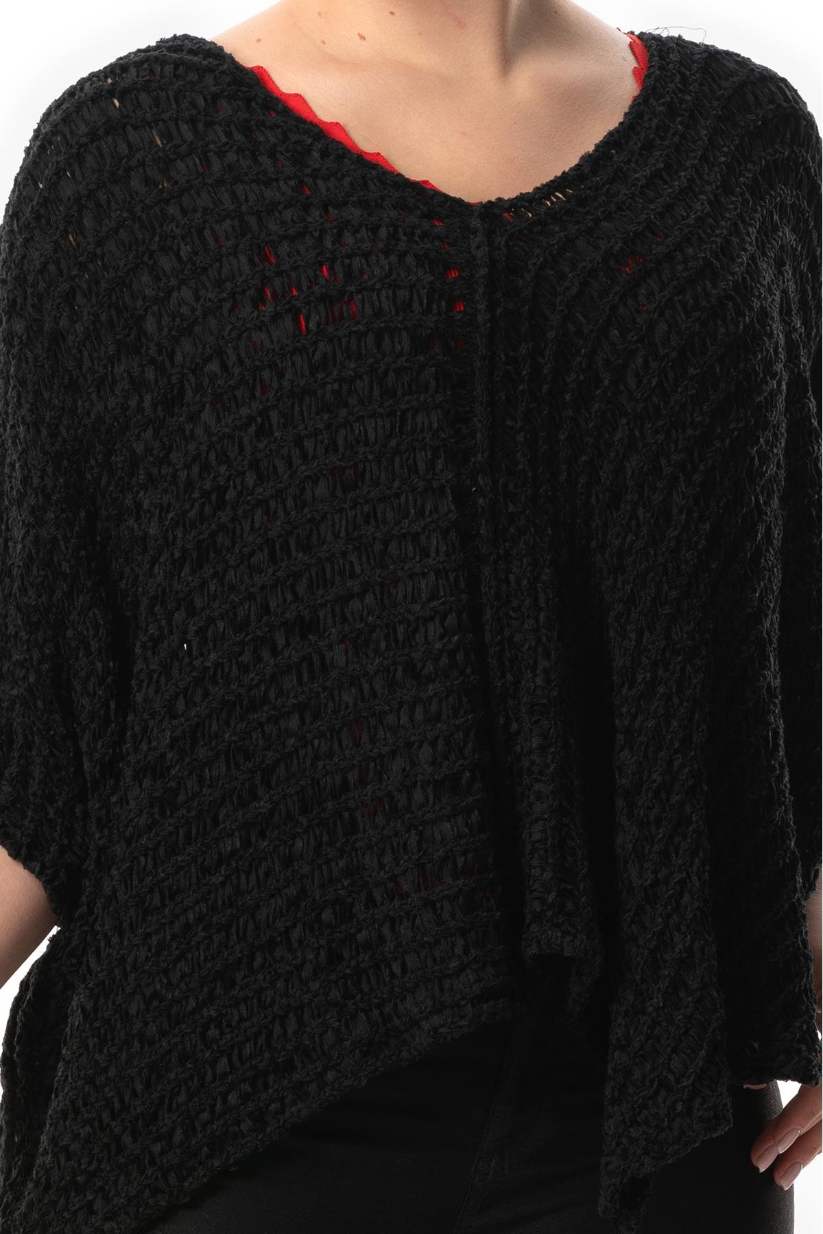 Yarasa Kol Sanem V Yaka Sonbahar ve Kışlık Salaş Triko Bluz Siyah Syh