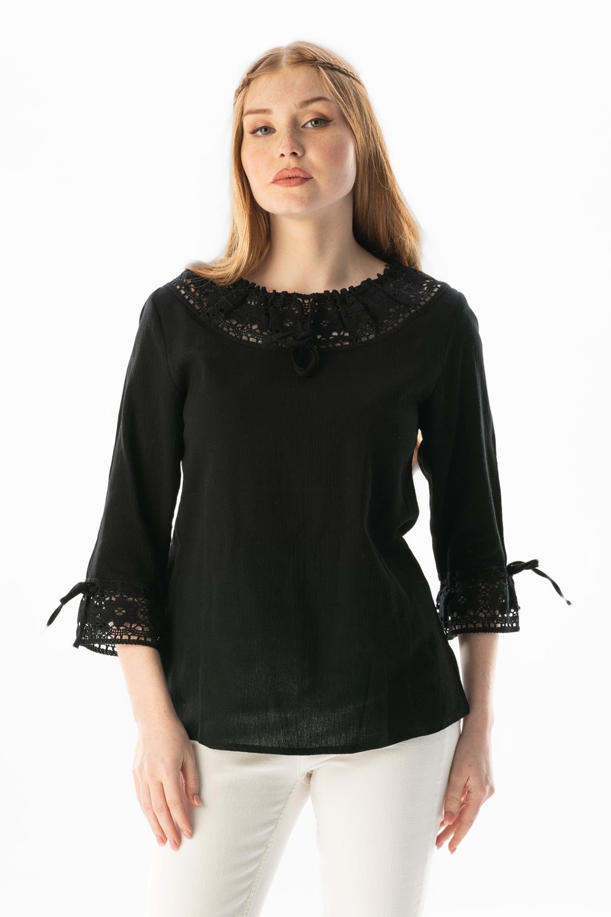 Zehra Şile Bezi Yazlık Bluz Siyah Syh