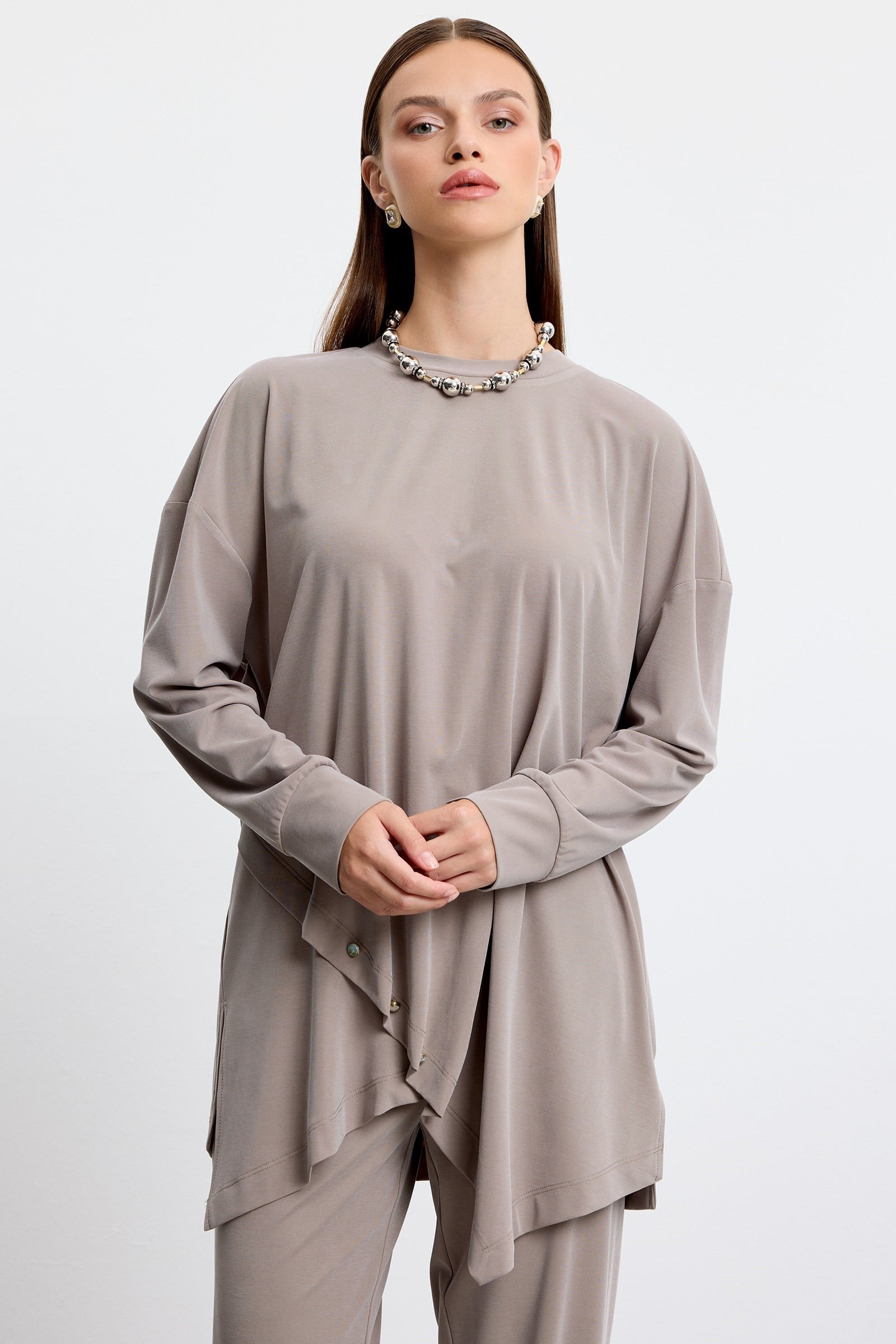 Asimetrik Tunik Pantolonlu Takım VİZON