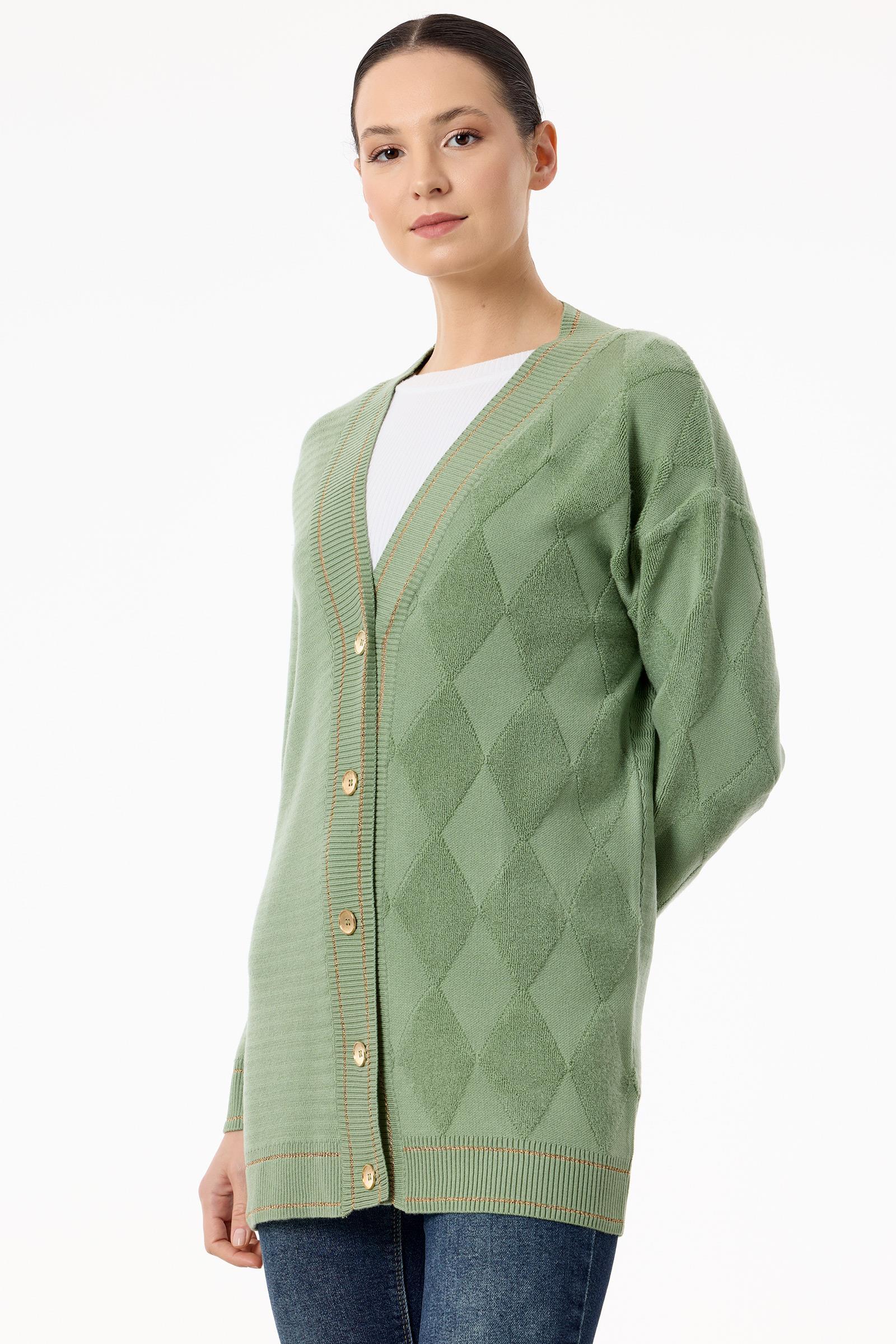 Baklava Deseni Havlu Örgülü Triko Hırka YEŞİL