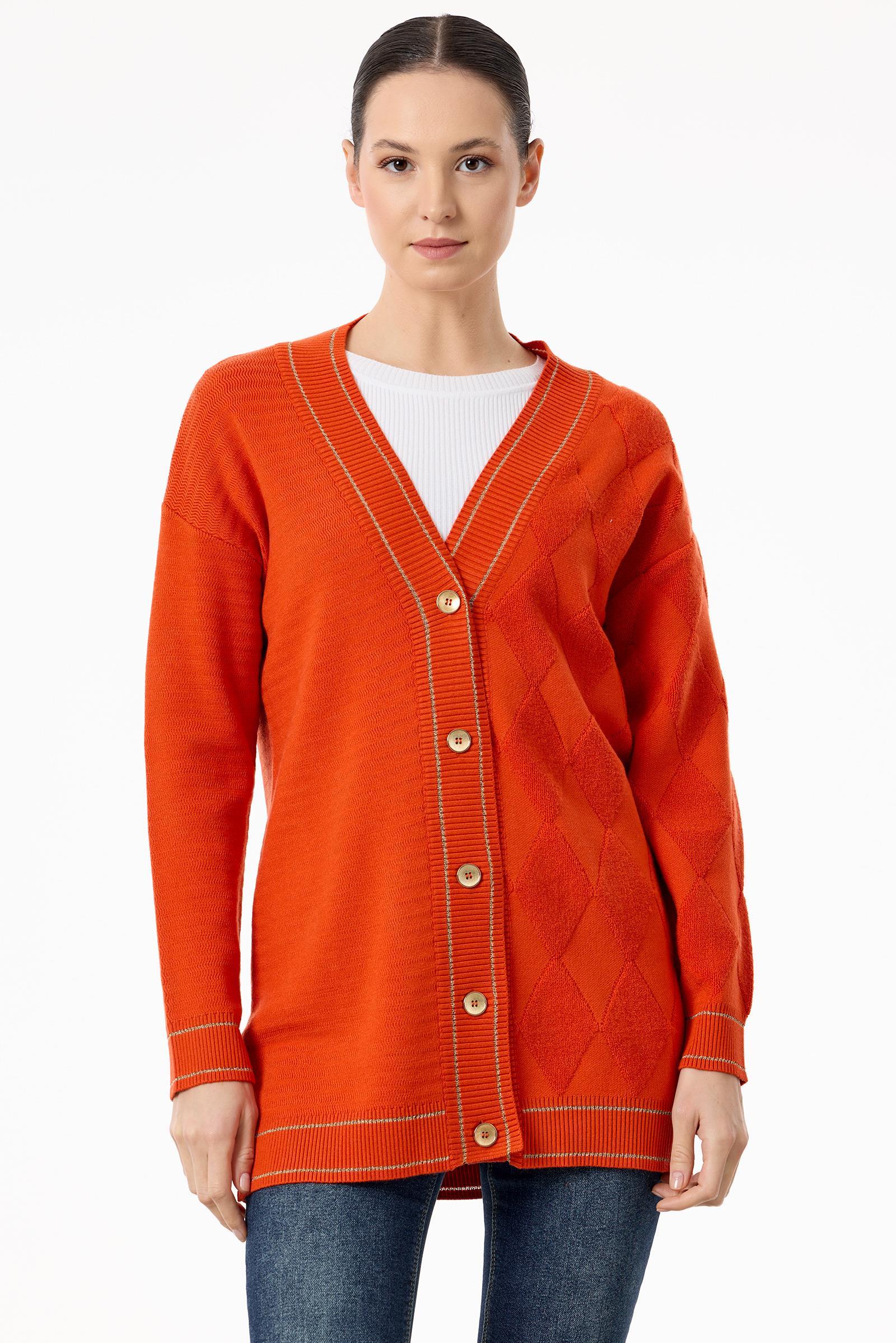 Baklava Deseni Havlu Örgülü Triko Hırka ORANJ