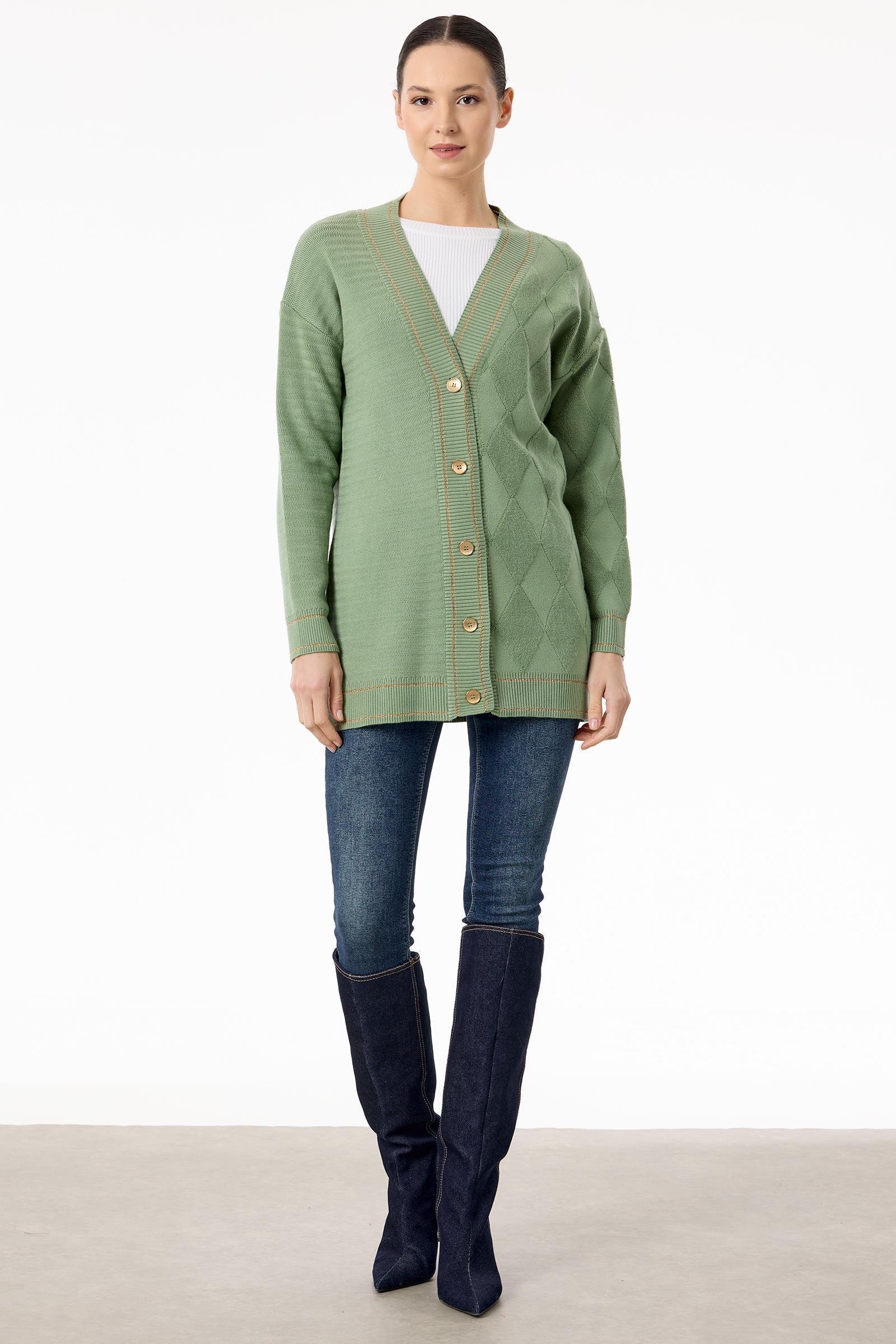 Baklava Deseni Havlu Örgülü Triko Hırka YEŞİL