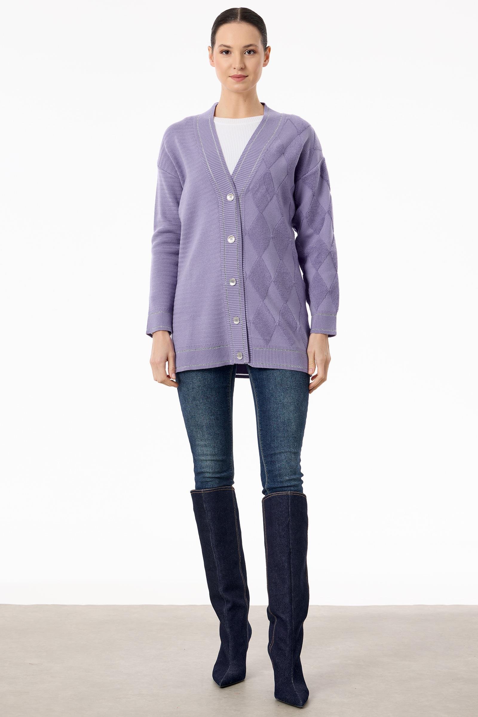 Baklava Deseni Havlu Örgülü Triko Hırka LİLA